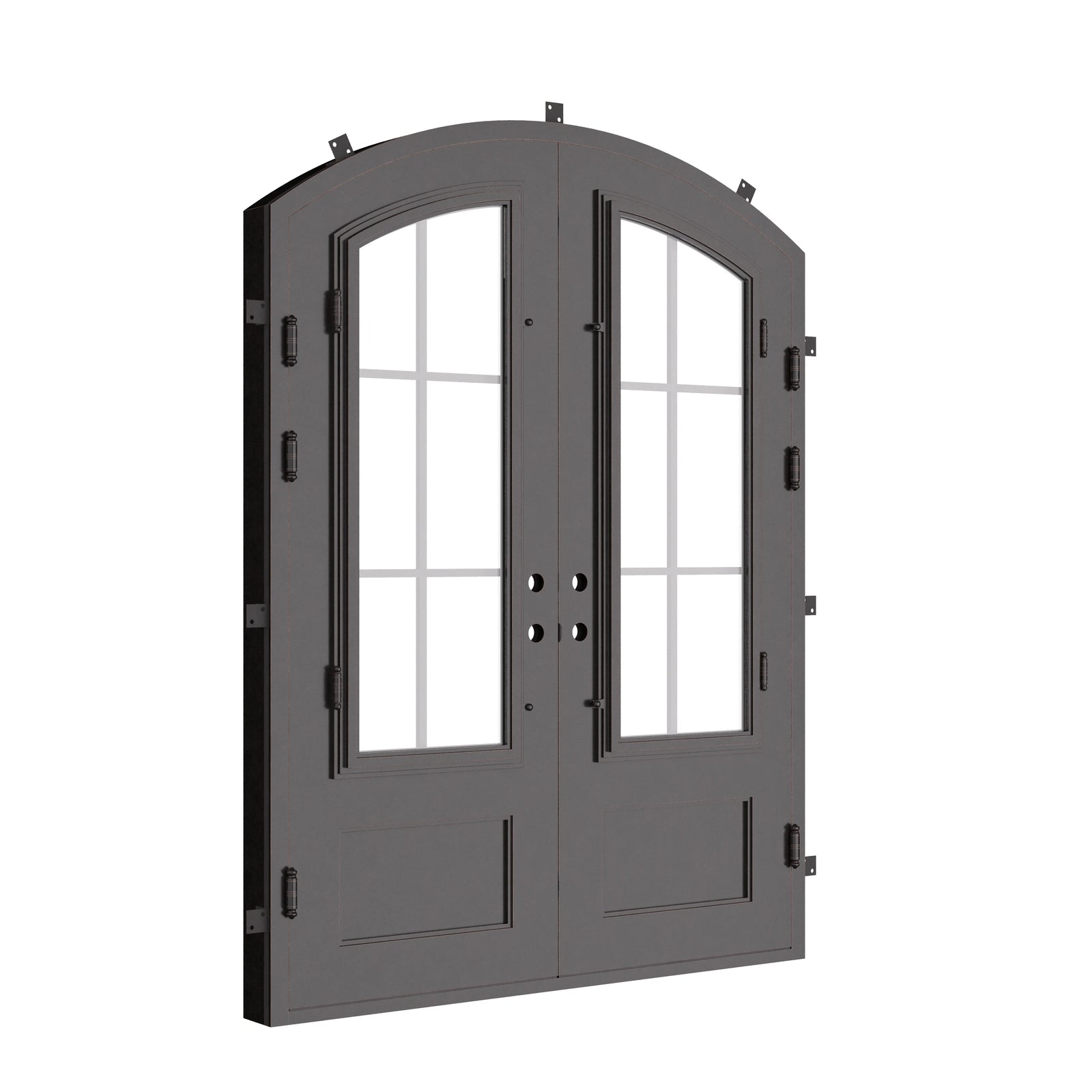 Bristol arched style double entry door with glass windows in bronze tone.