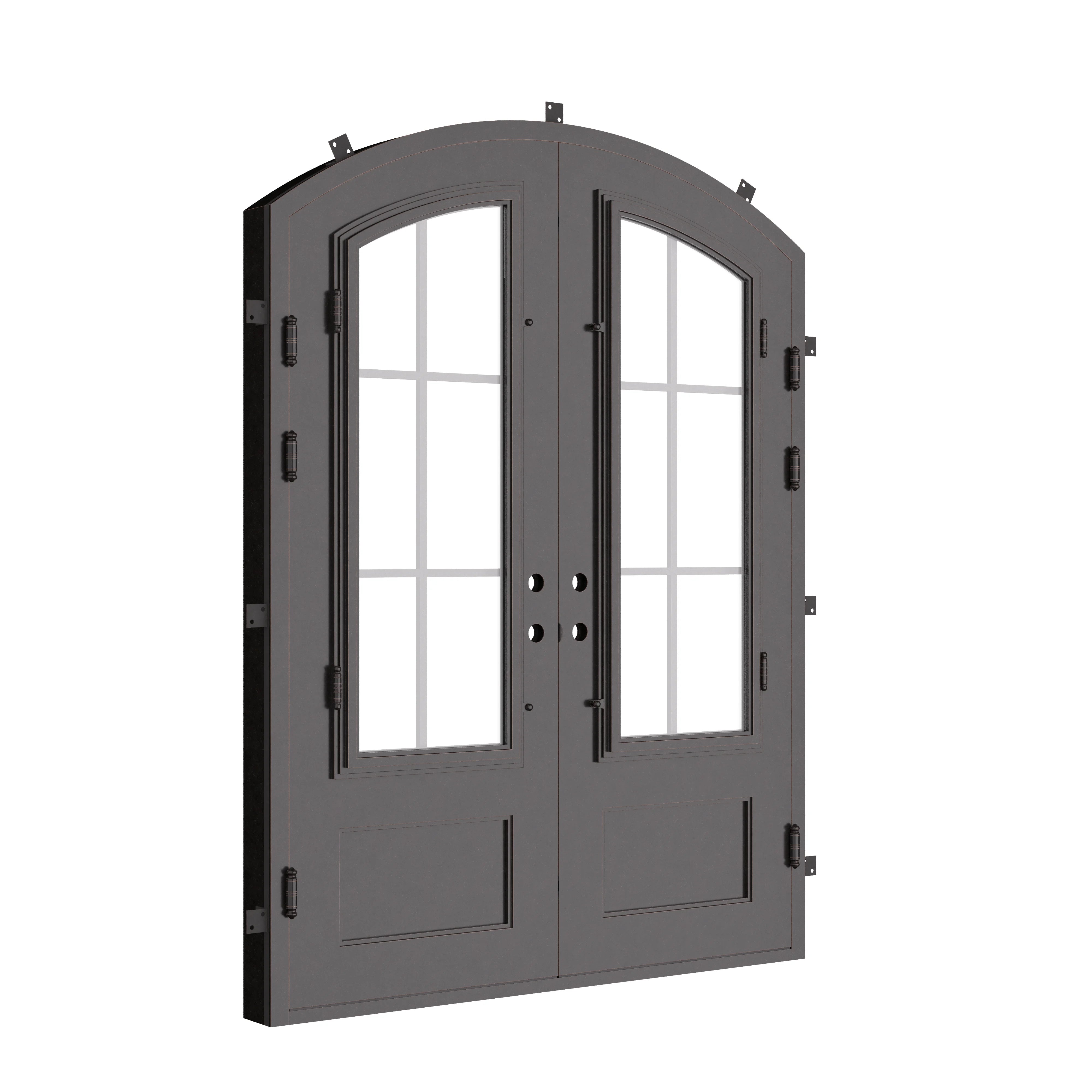 Bristol arched style double entry door with glass windows in bronze tone.