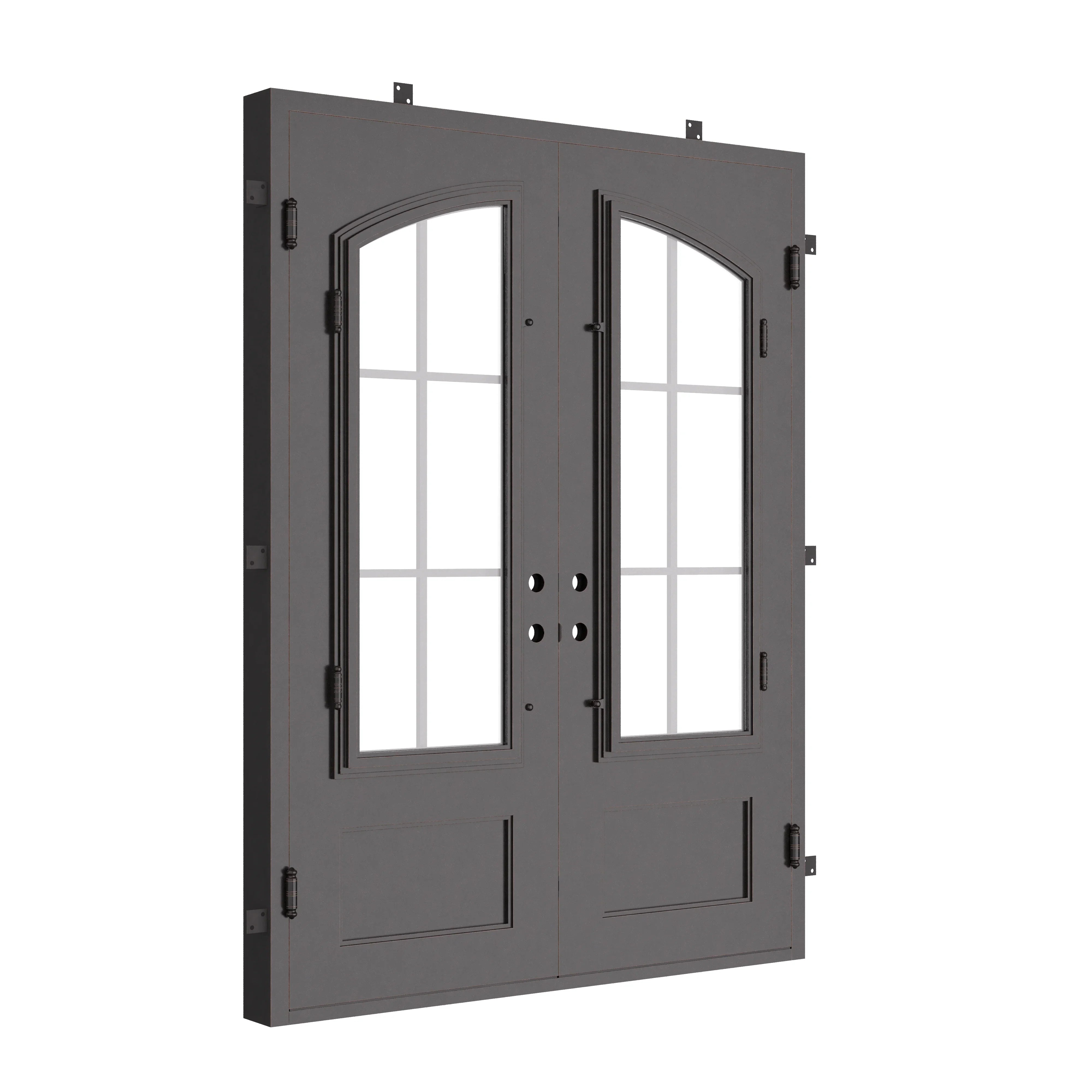 Bristol black exterior iron double door with flat top and thick glass.