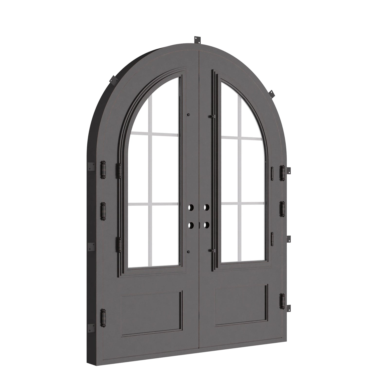 Bristol clear glass radius top iron entry door for cold weather.