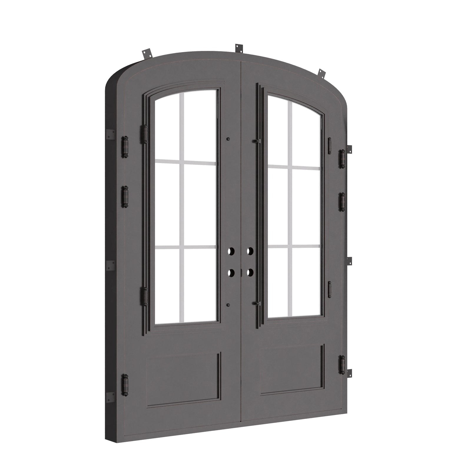 Bristol bronze colored double door with glass and arched top.