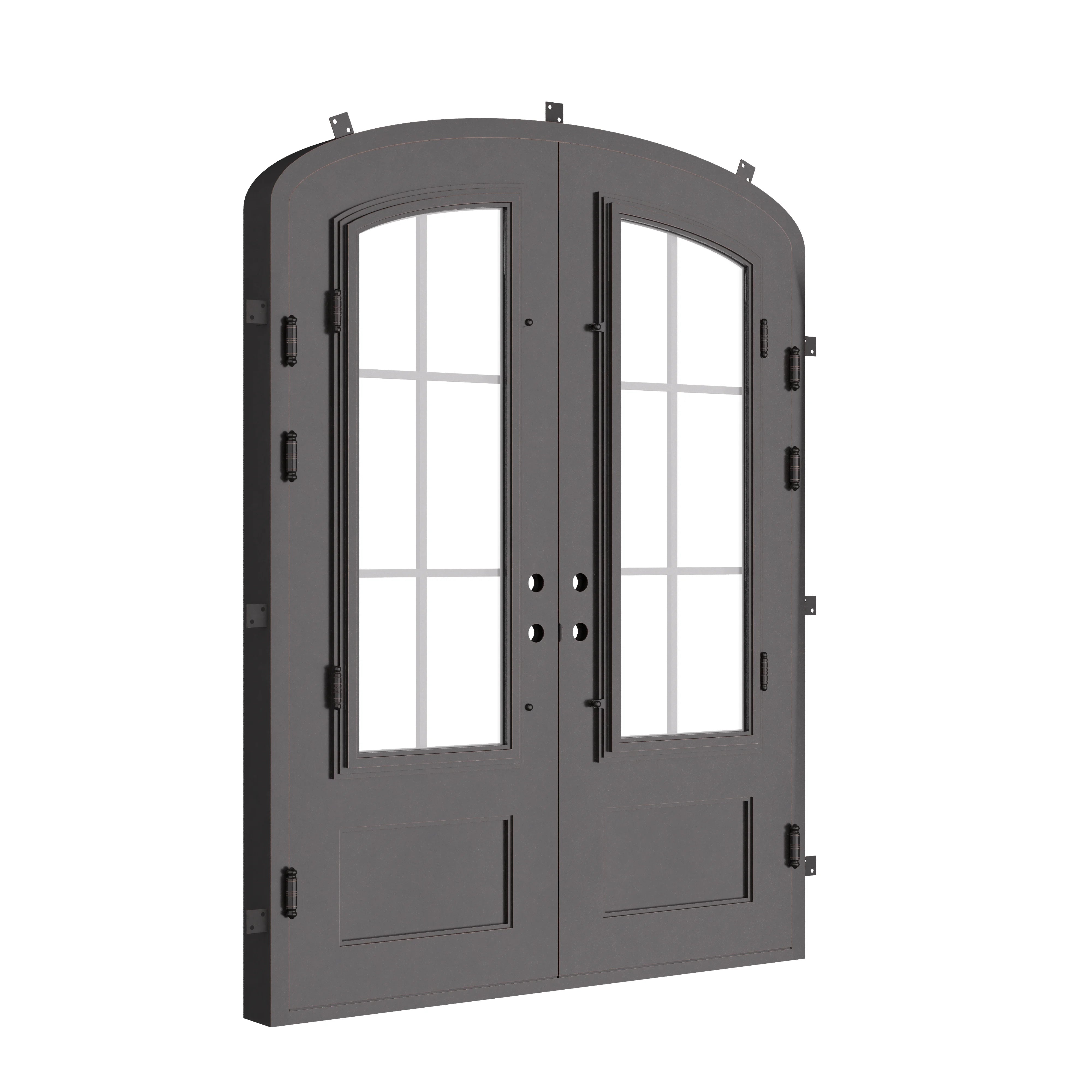 Bristol bronze colored double door with glass and arched top.