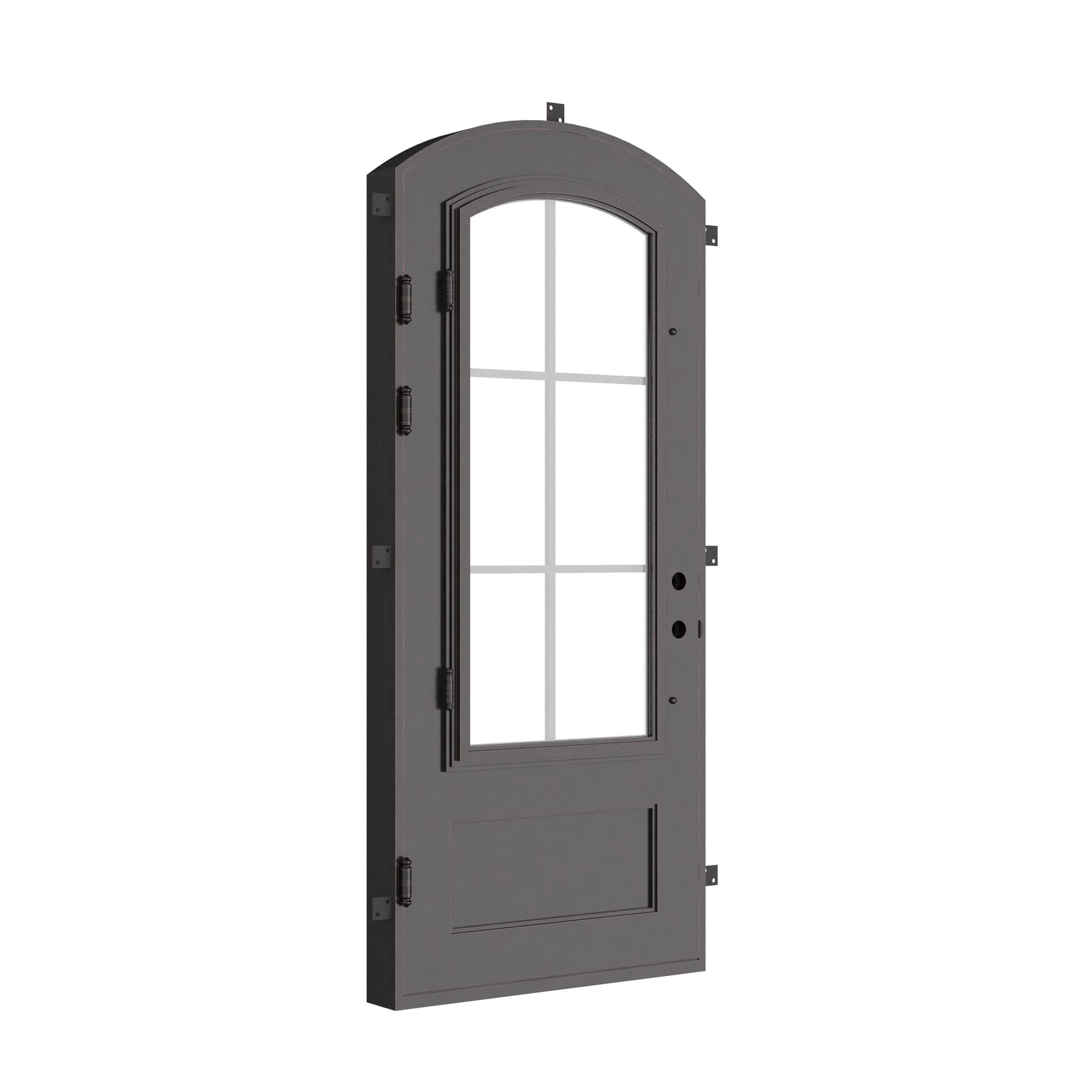 Bristol single soft arch top swing door with glass panel.
