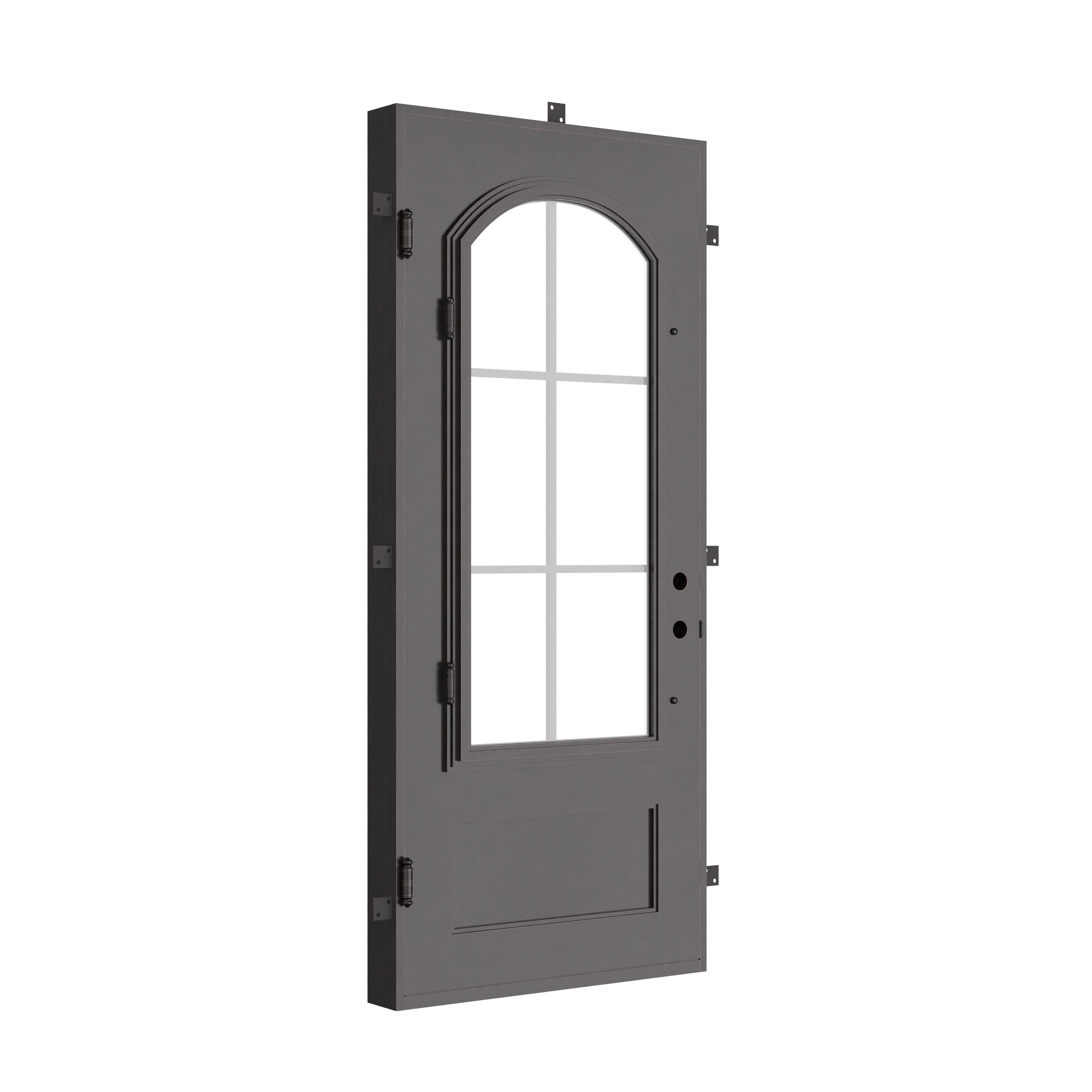 Bristol Black exterior wrought iron flat top single hinged door with glass insert.