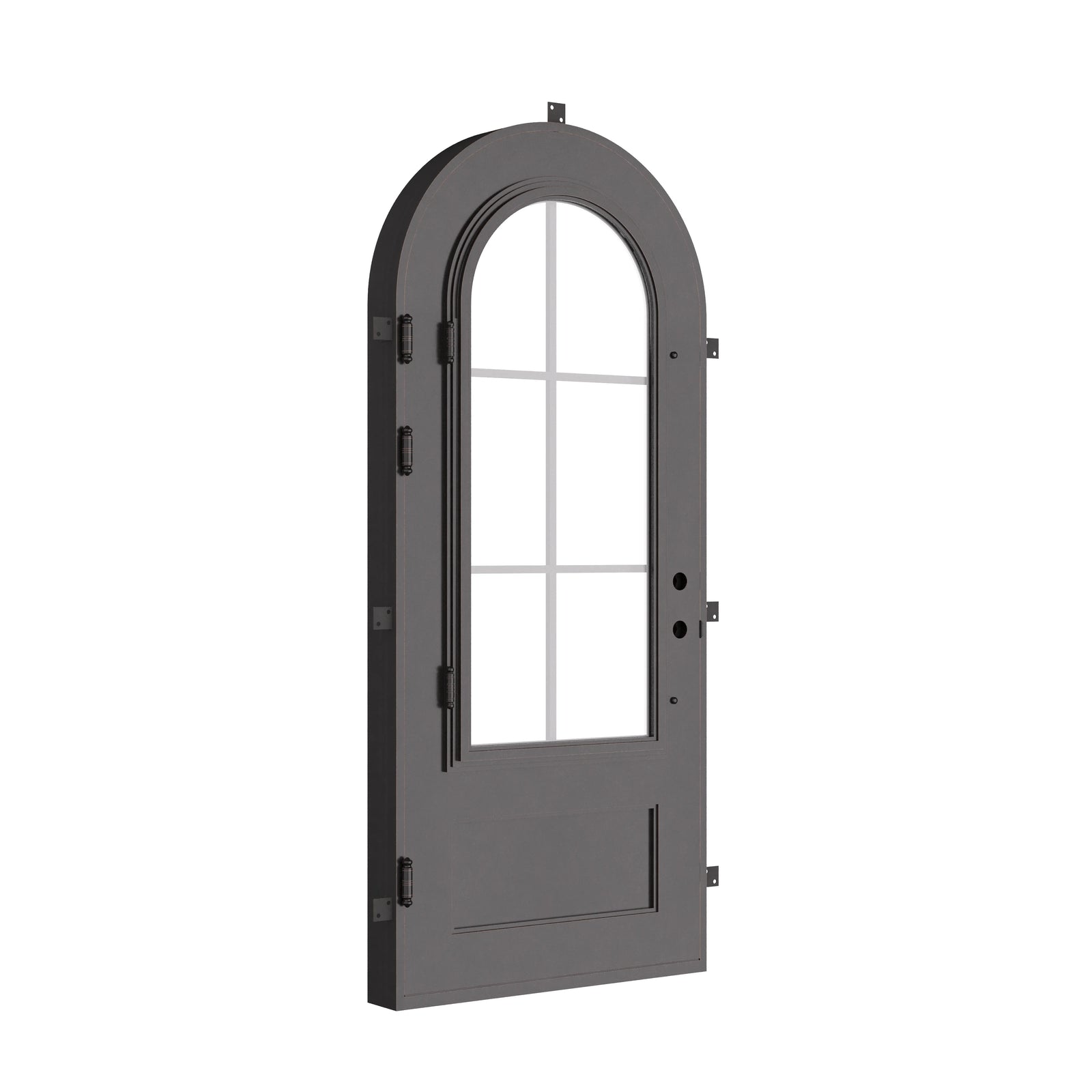 Bristol black architectural iron single full arch door with tempered glass.
