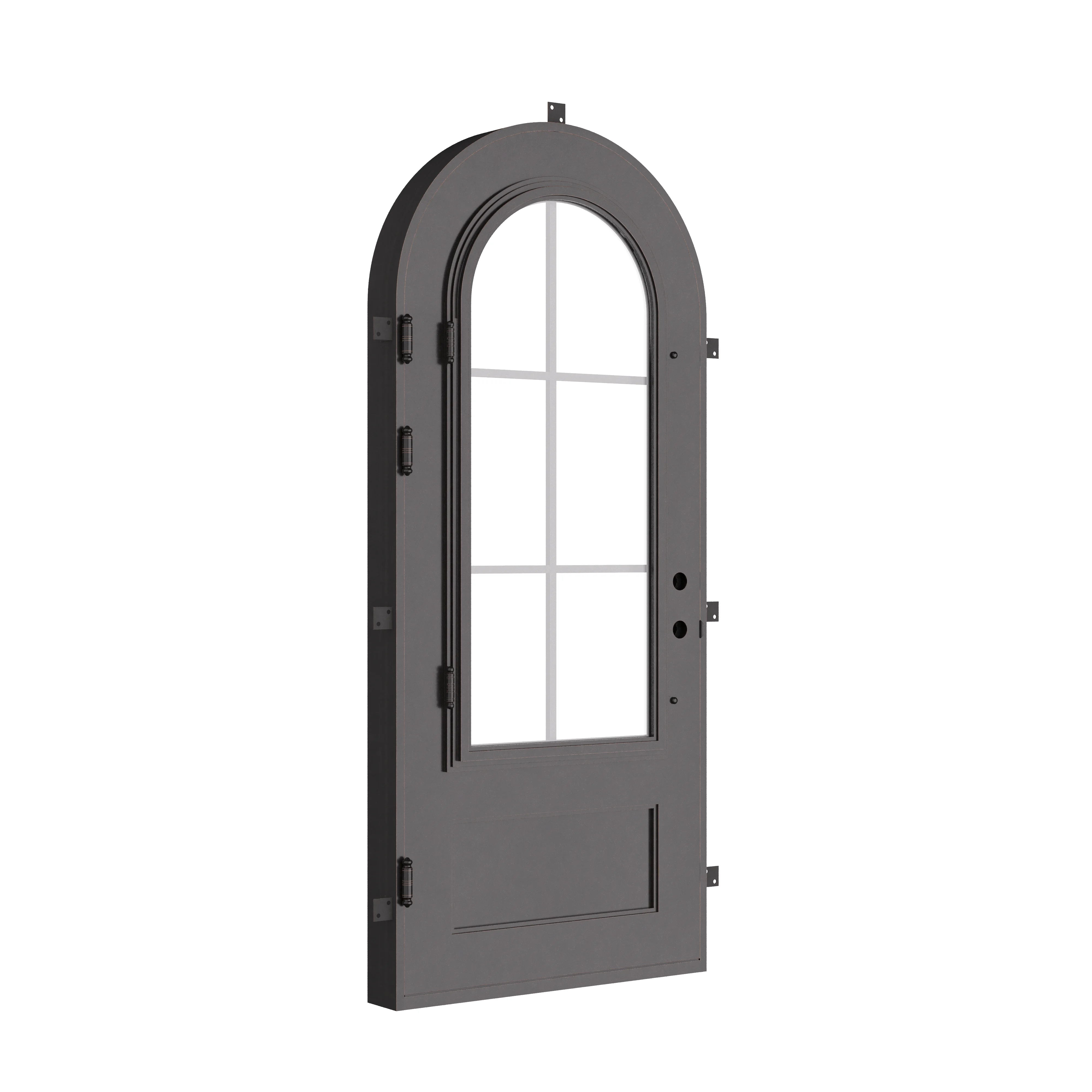 Bristol black architectural iron single full arch door with tempered glass.
