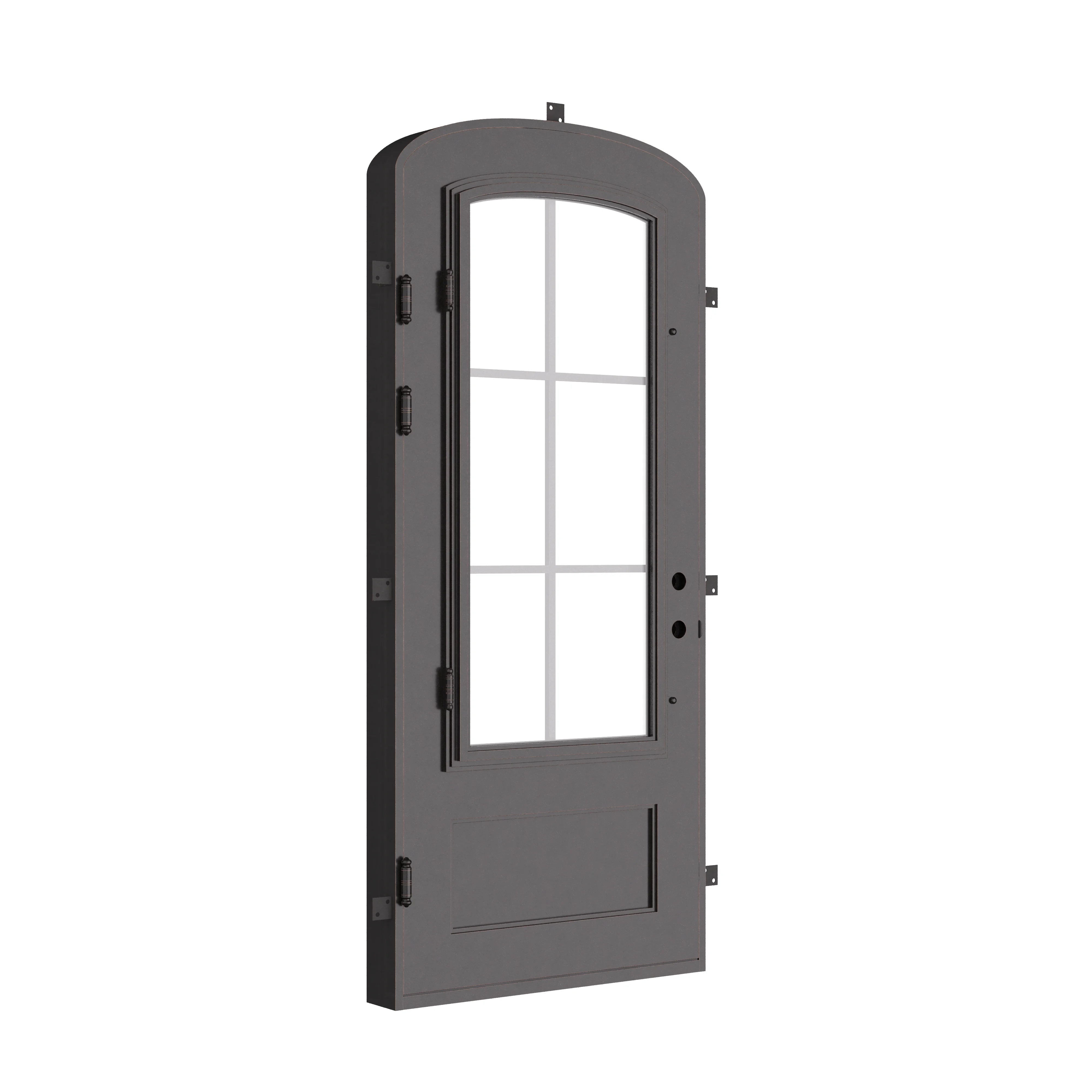 Bristol pre-hung black wrought iron mini arch top single door with energy efficient glass.