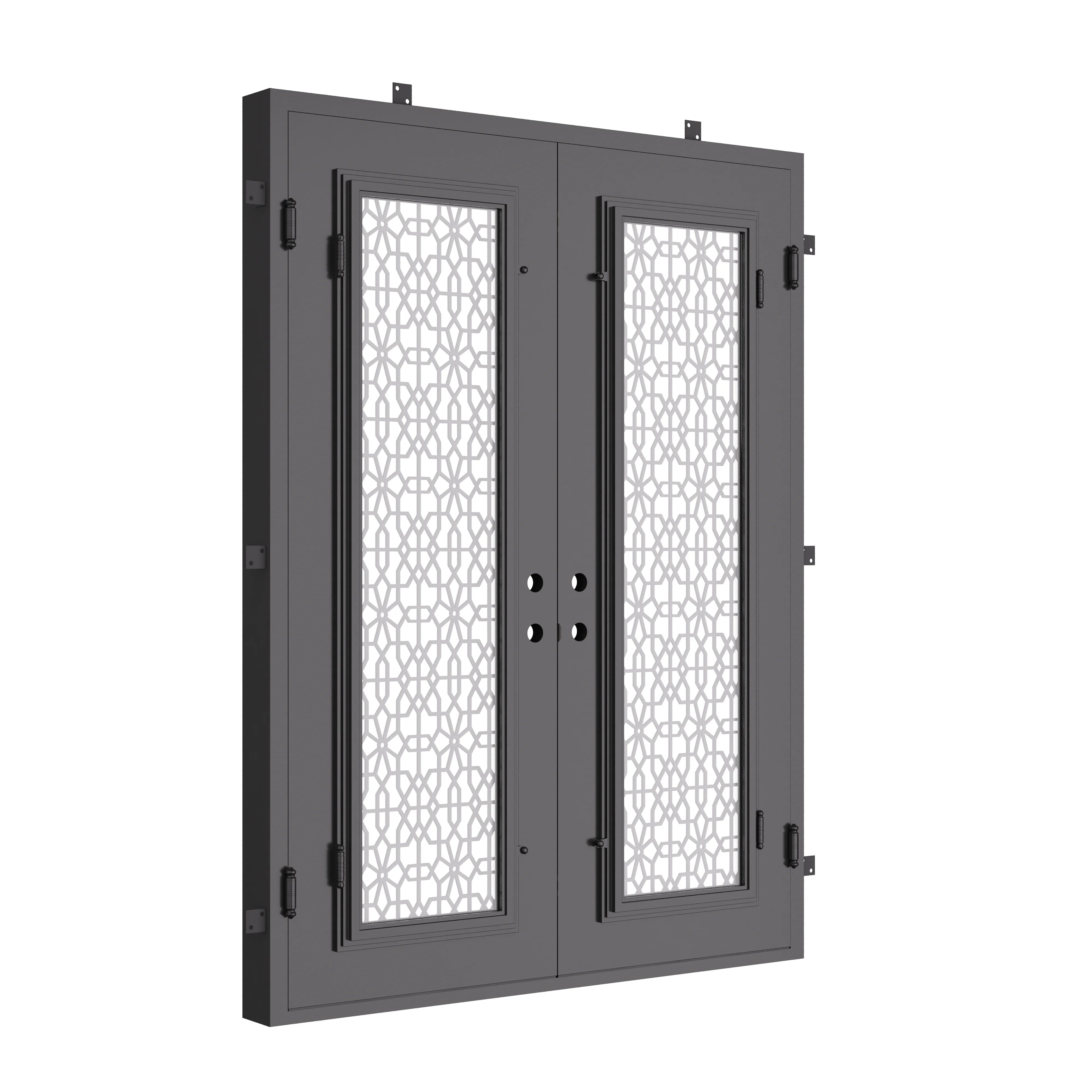 DNA’ Door bronze color iron double flat top patio door with glass.