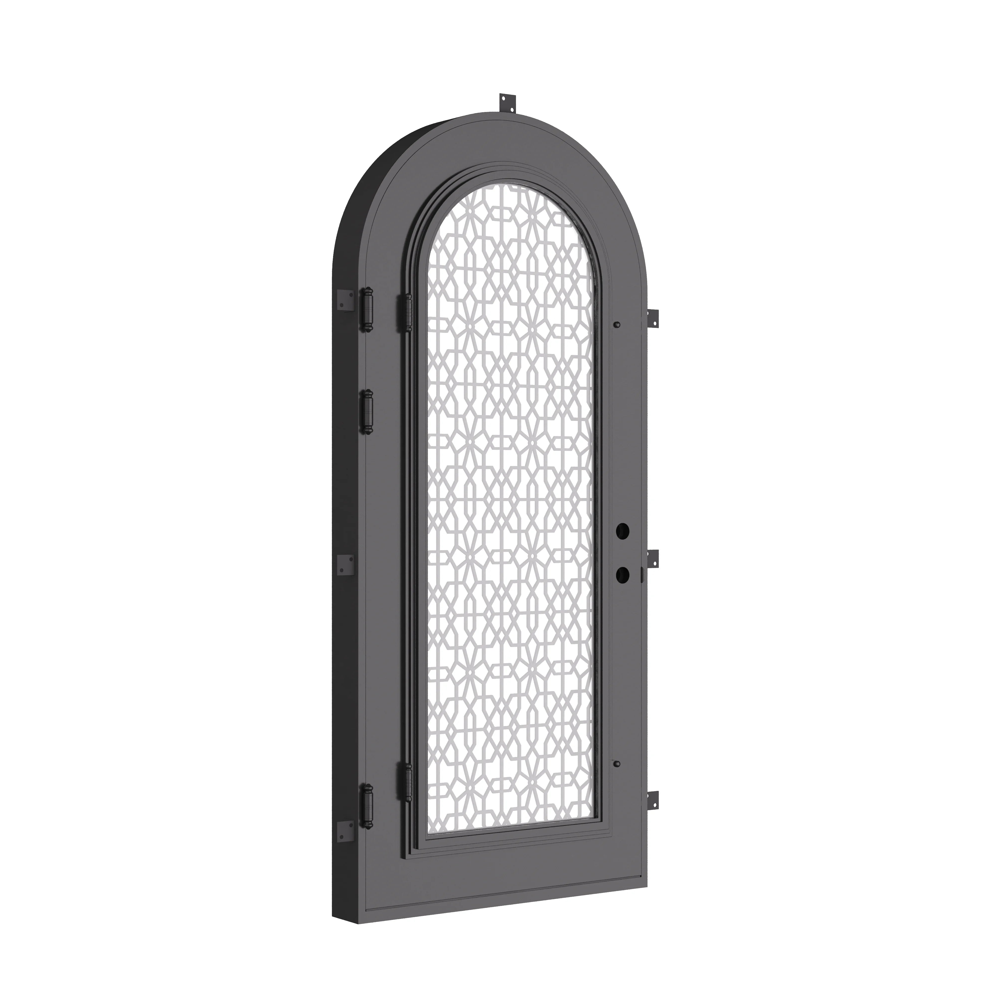 DNA’ black wrought iron single radius top door with thick double glass.