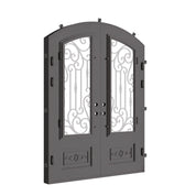 Golden Gate bronze toned iron double door with arched top and efficient glass.