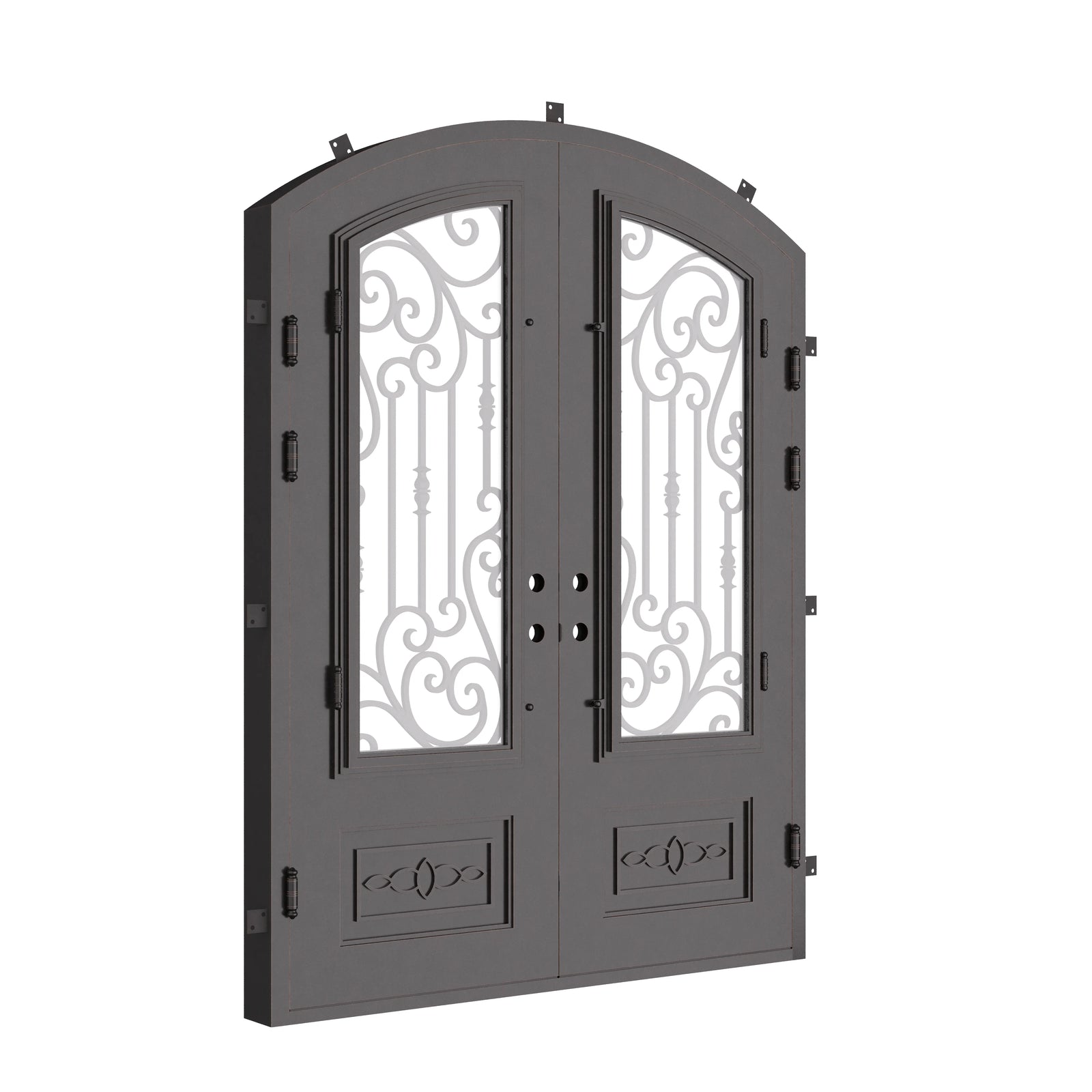 Golden Gate arched style iron double door in bronze hue with efficient glass.