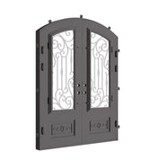 Golden Gate arched style iron double door in bronze hue with efficient glass.