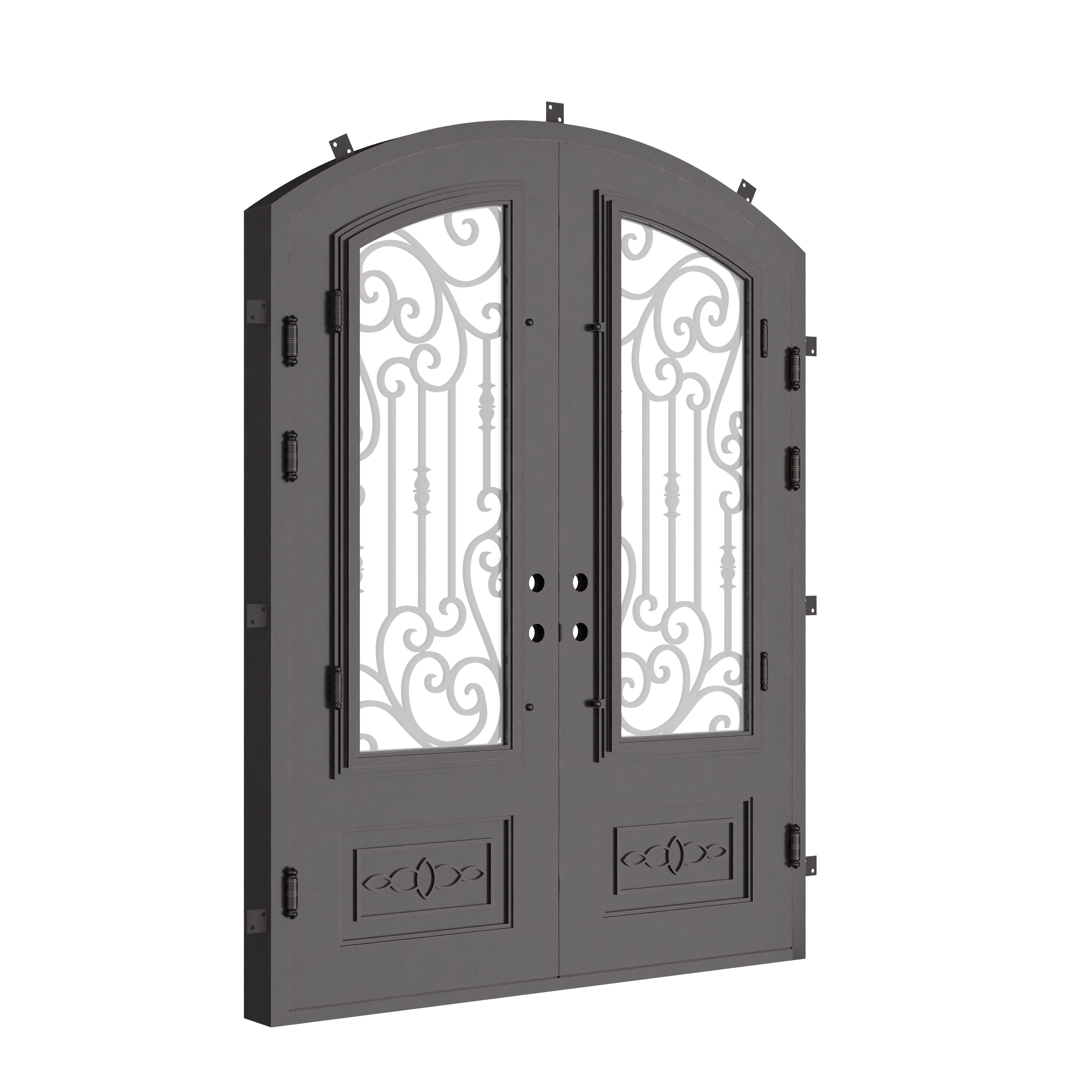 Golden Gate arched style iron double door in bronze hue with efficient glass.