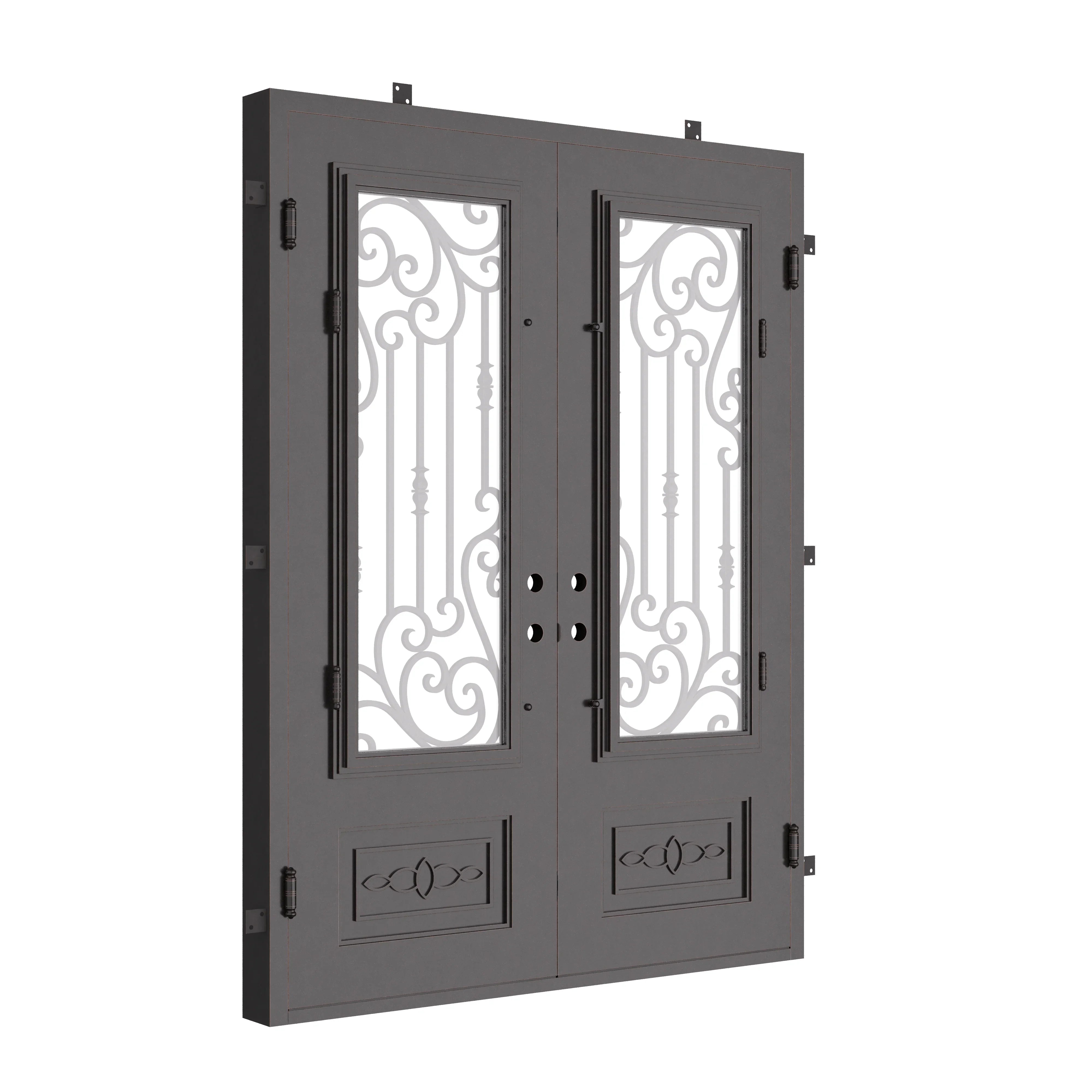 Golden Gate black iron double patio french door with flat top and glass.