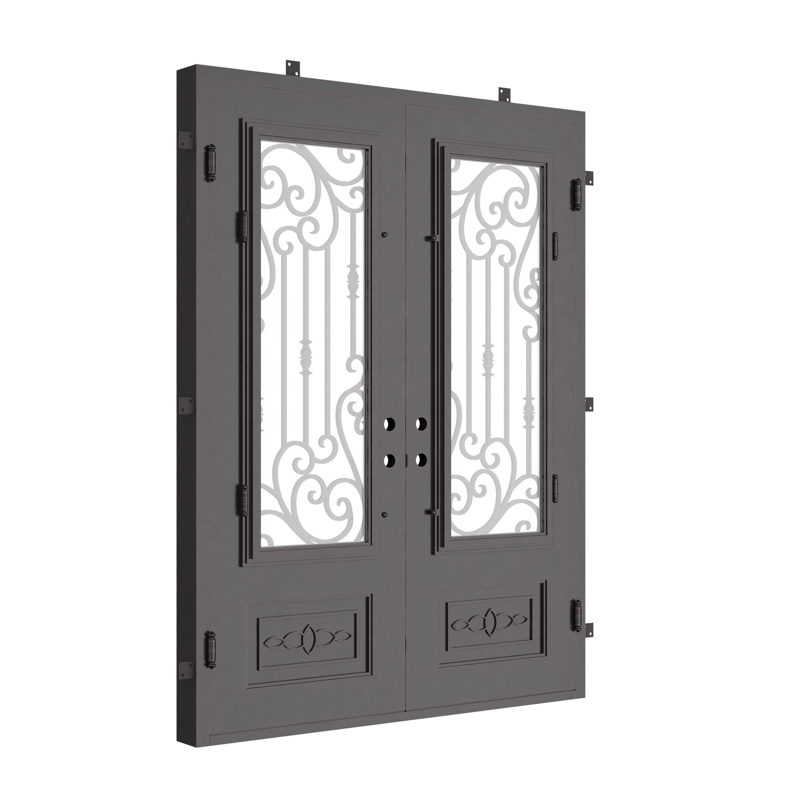 Golden Gate bronze color metal double door with flat top and glass.