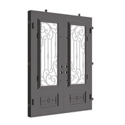 Golden Gate bronze color metal double door with flat top and glass.