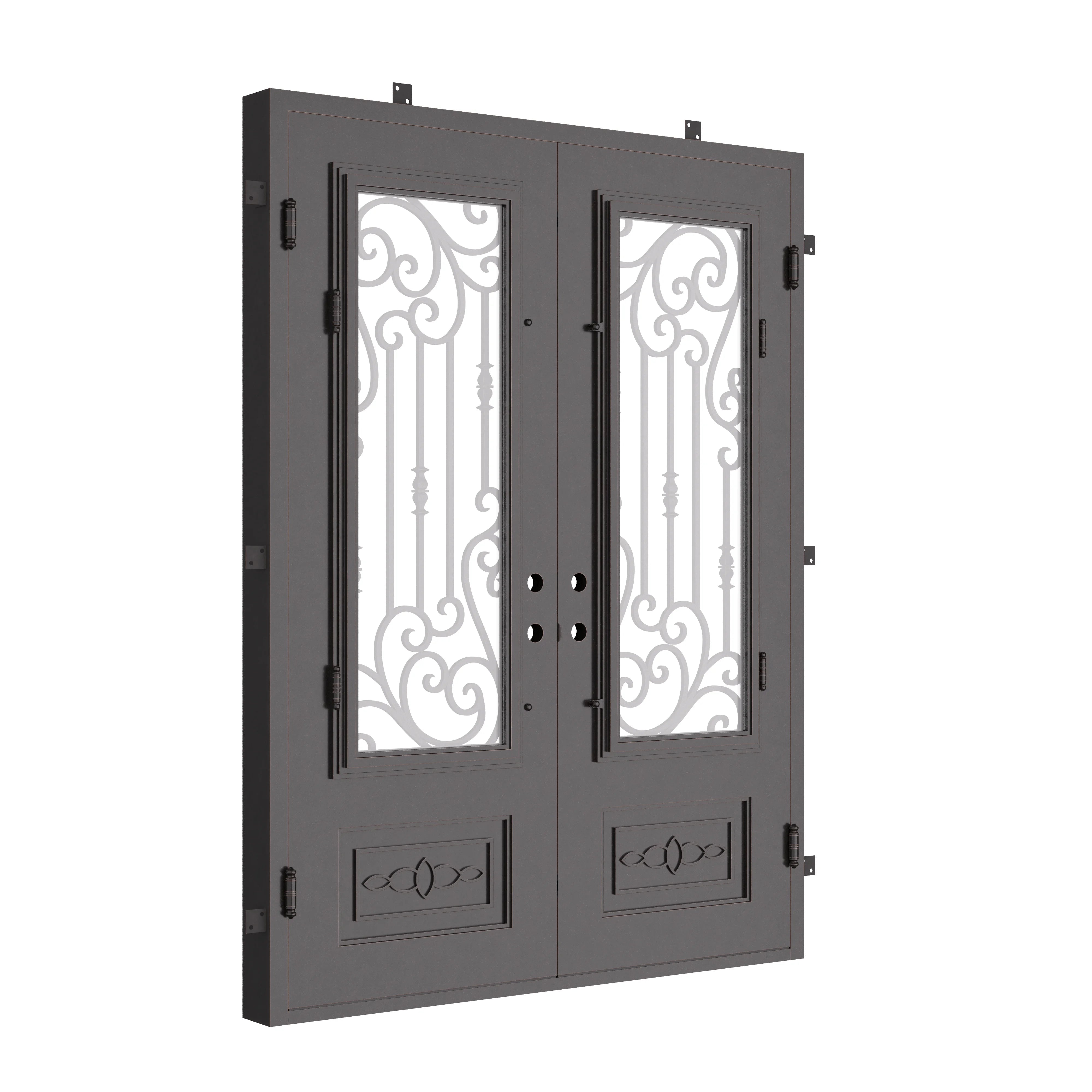 Golden Gate bronze color metal double door with flat top and glass.