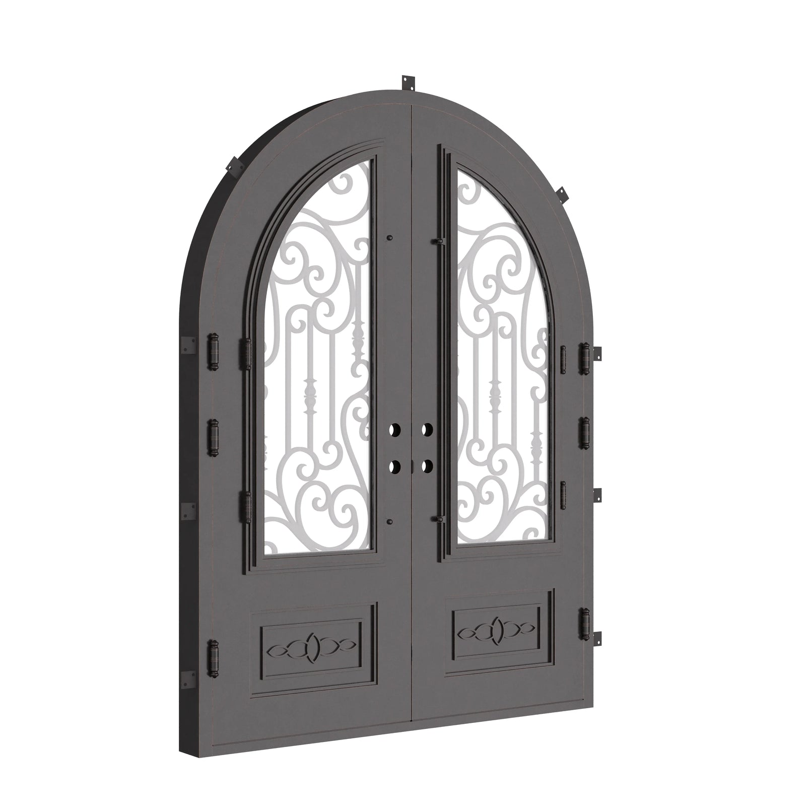 Golden Gate full arch top iron double door in bronze with glass.