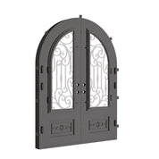 Golden Gate full arch top iron double door in bronze with glass.