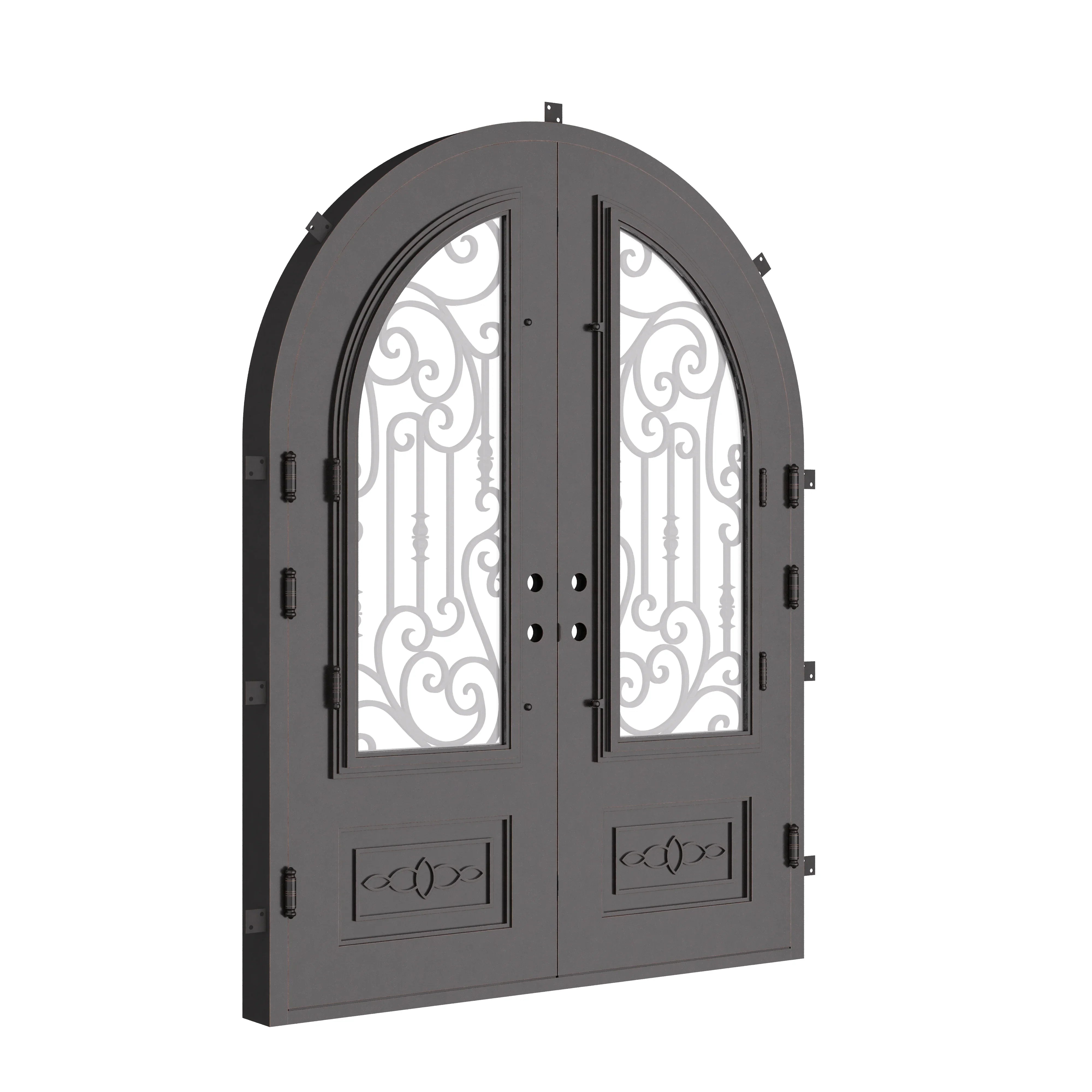 Golden Gate full arch top iron double door in bronze with glass.