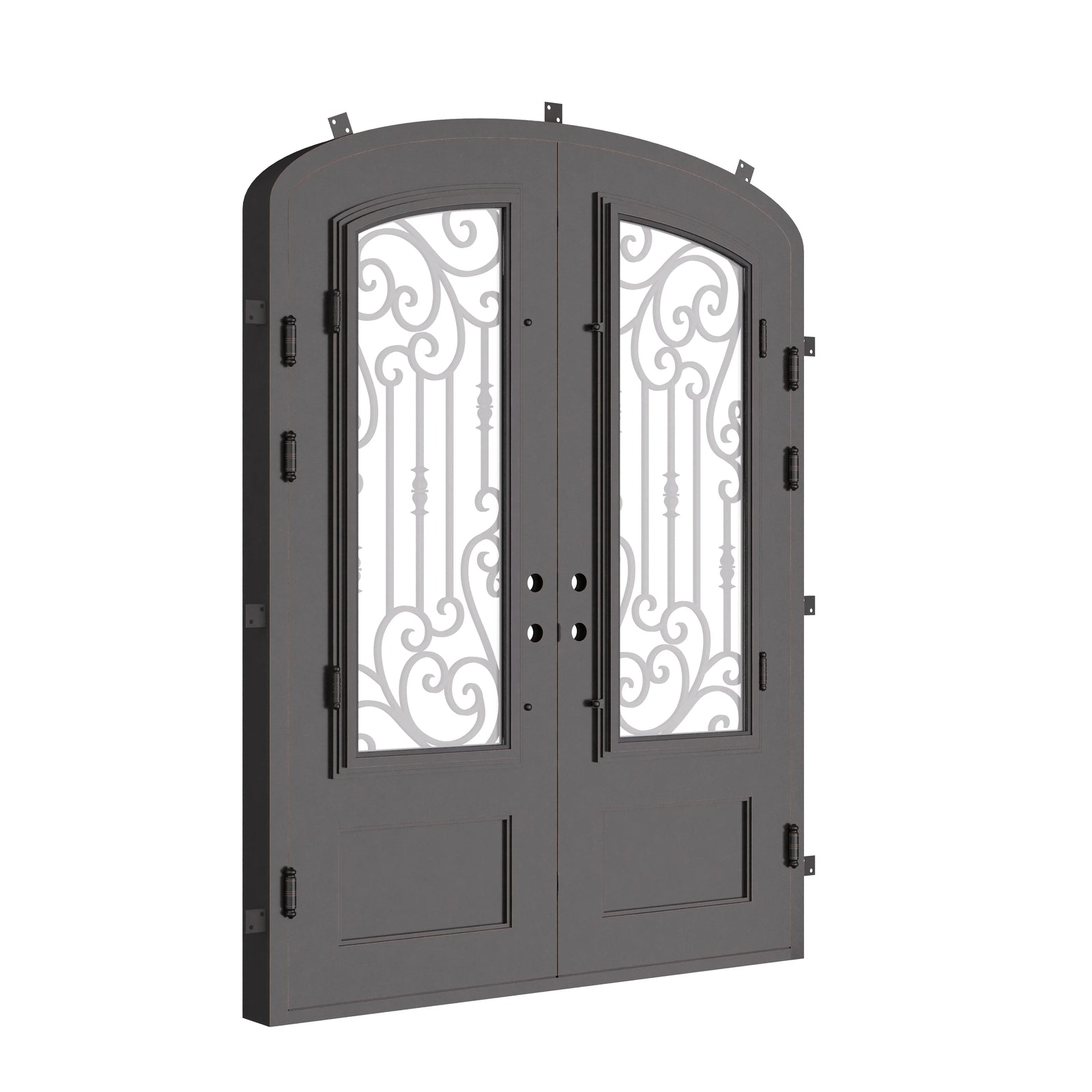 Golden Gate arch top iron door in bronze tone with clear glass.
