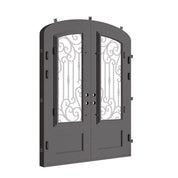 Golden Gate arch top iron door in bronze tone with clear glass.