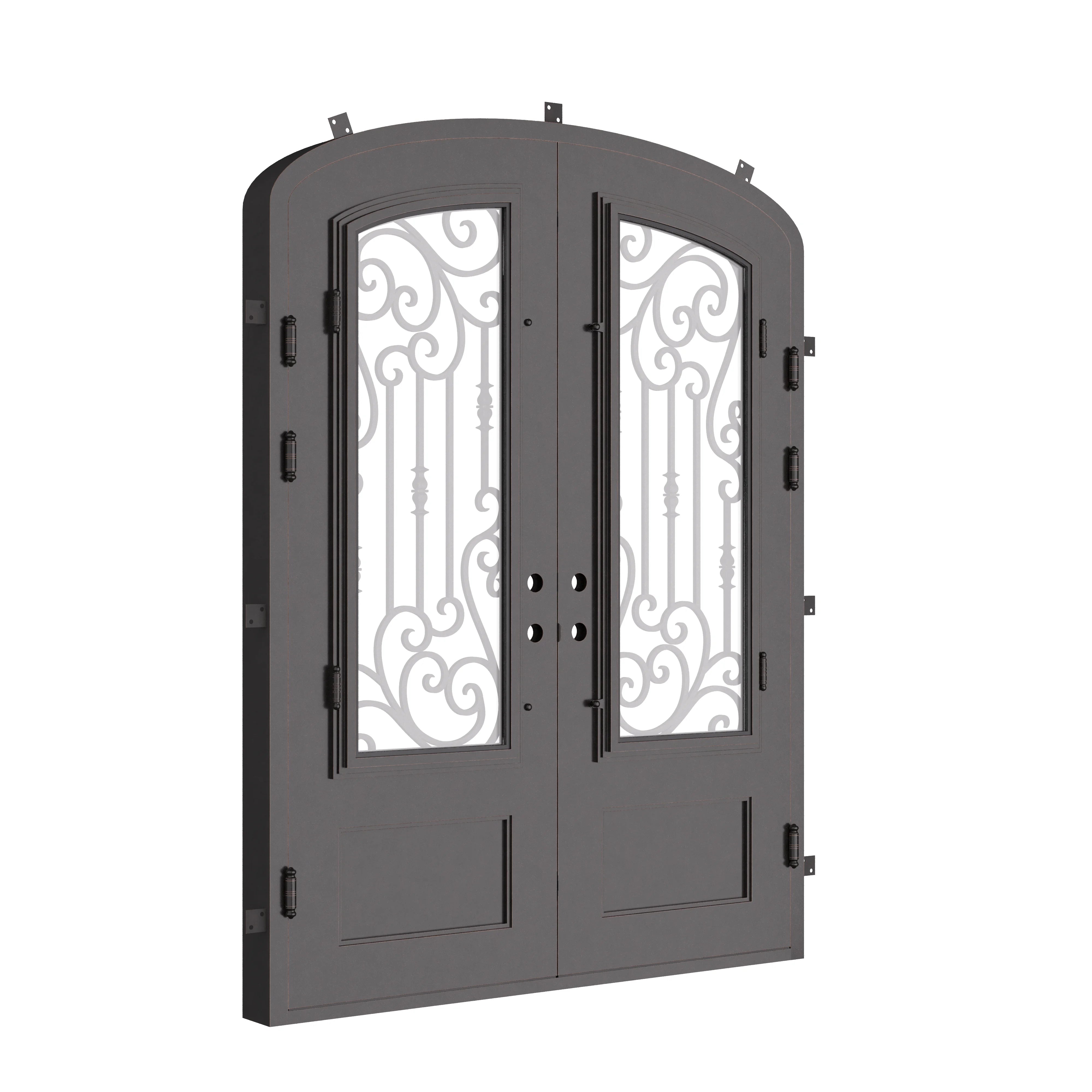 Golden Gate arch top iron door in bronze tone with clear glass.