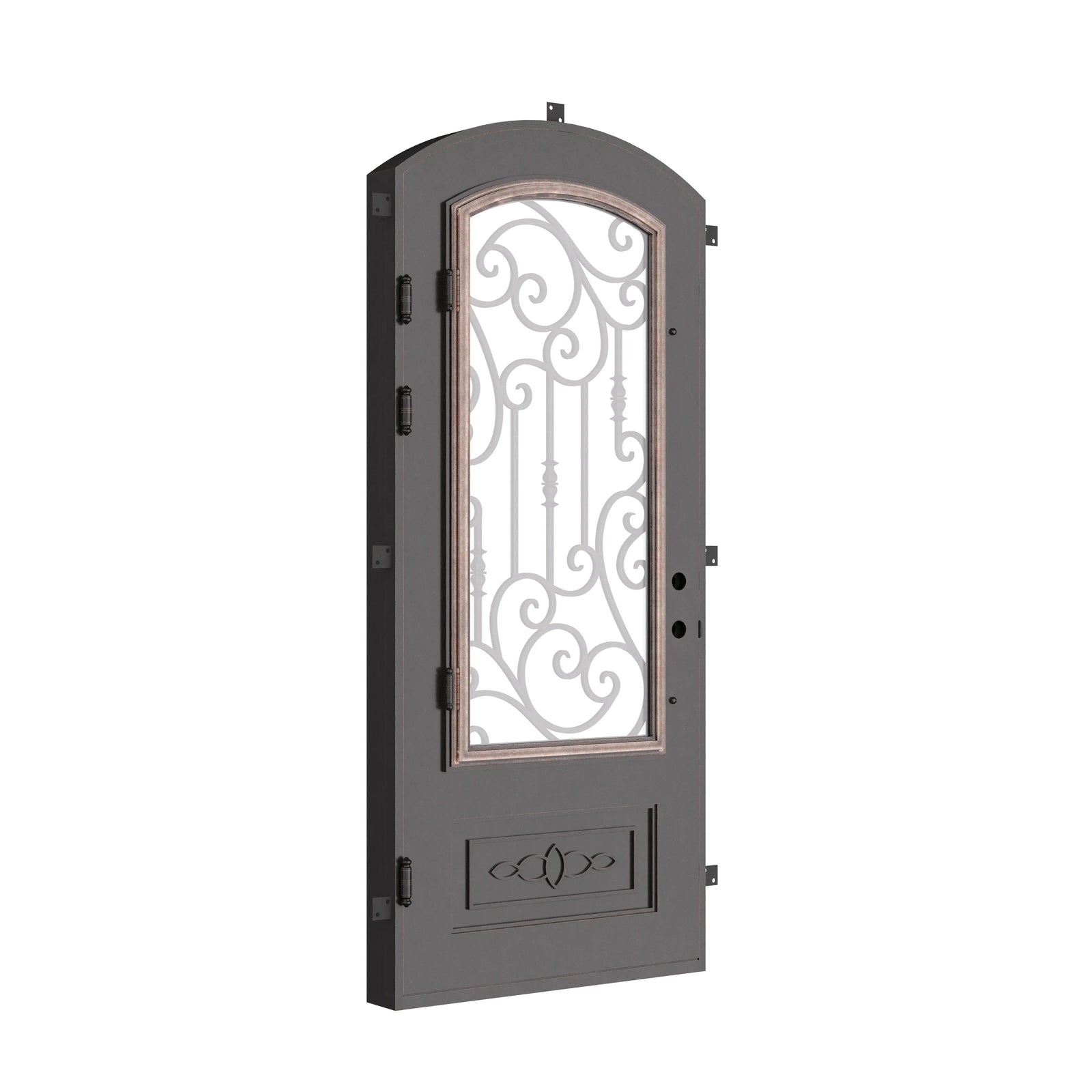 Golden Gate black iron single arch top front door with energy efficient glass.