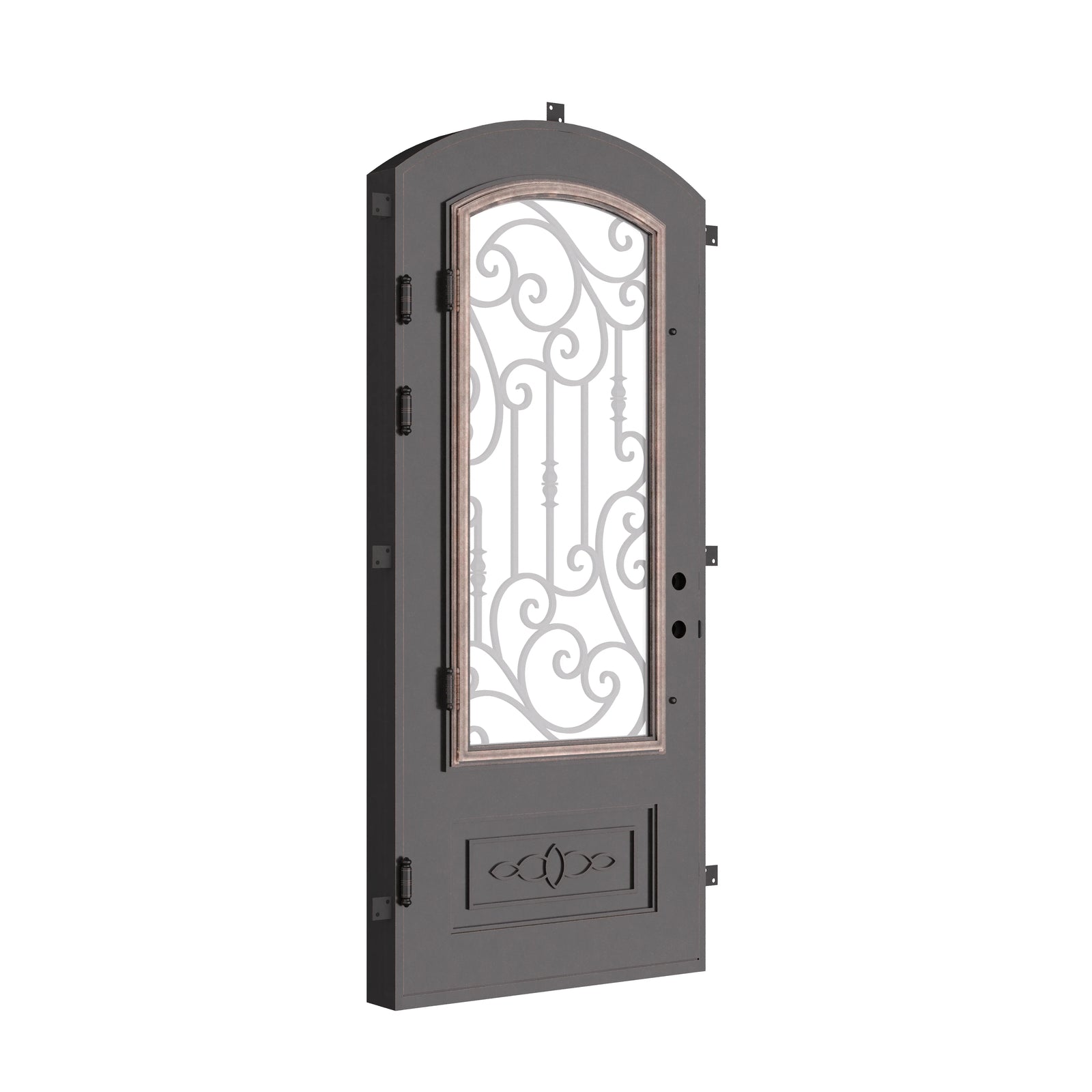 Golden Gate bronze color iron arch top front door with ornate metalwork.