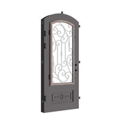 Golden Gate bronze color iron arch top front door with ornate metalwork.