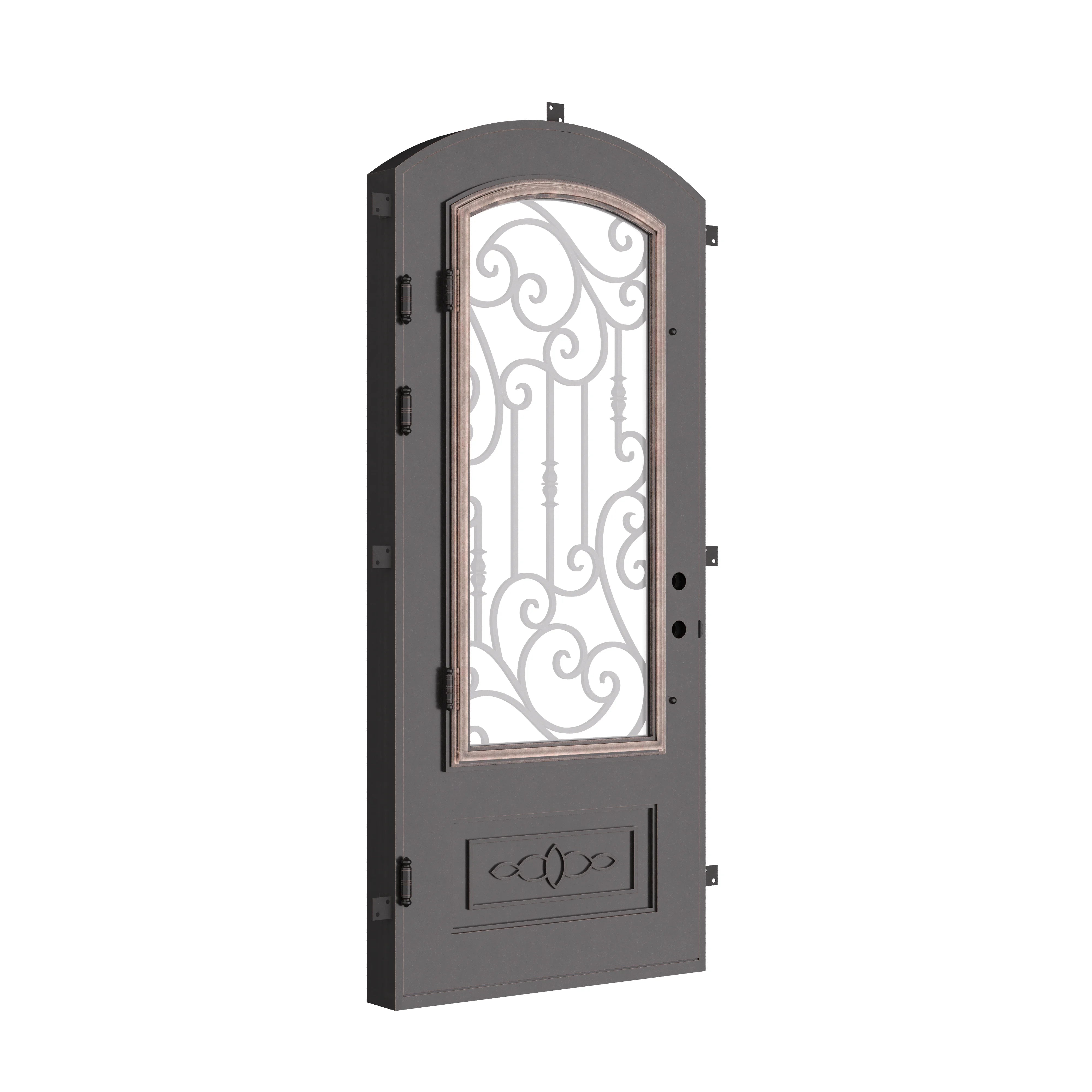 Golden Gate bronze color iron arch top front door with ornate metalwork.