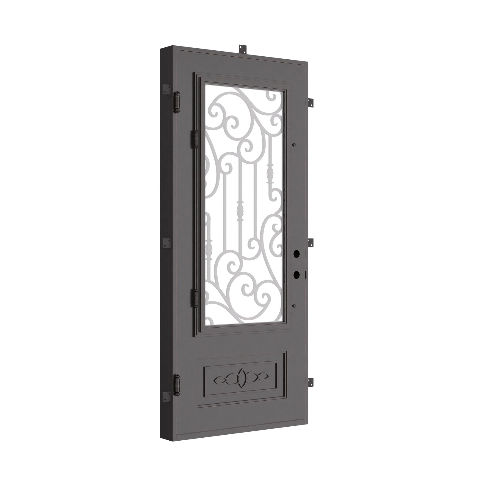Golden Gate Bronze color wrought iron flat top single swing door with glass insert.