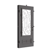 Golden Gate Bronze color wrought iron flat top single swing door with glass insert.