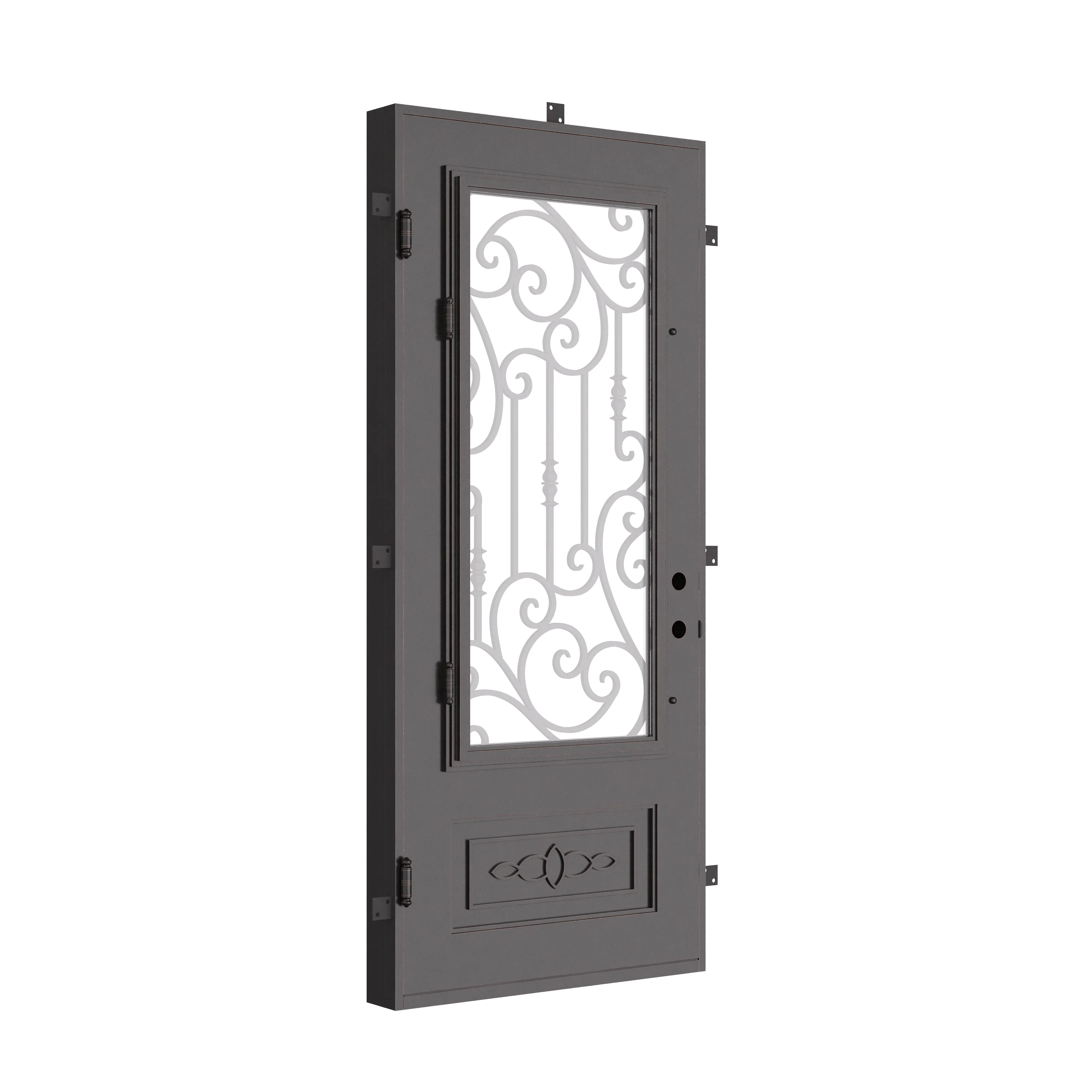 Golden Gate Bronze color wrought iron flat top single swing door with glass insert.