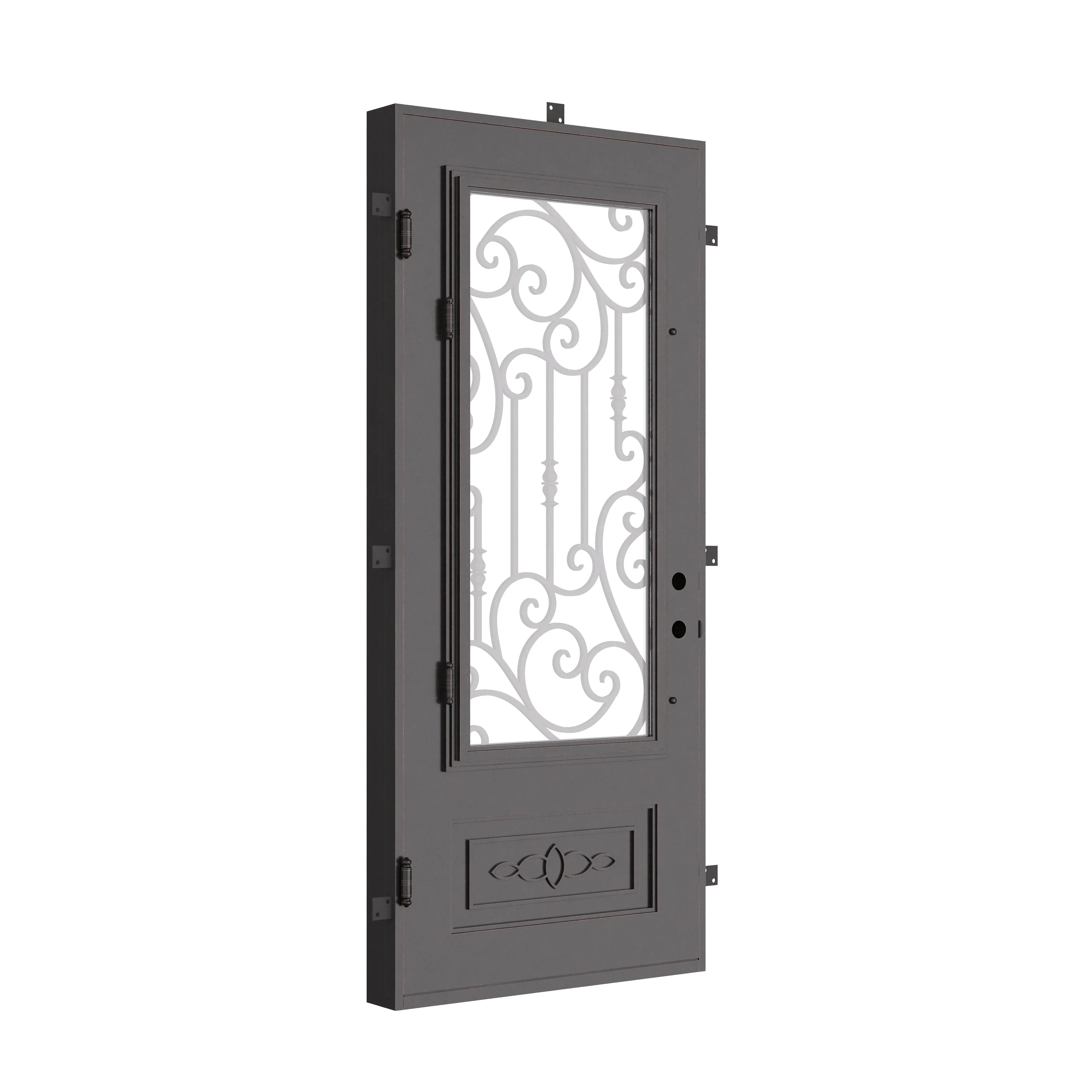 Golden Gate Bronze color metal flat top single entry door with double-pane glass.