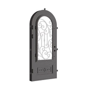 Golden Gate bronze color exterior iron single radius top door with decorative scrollwork.