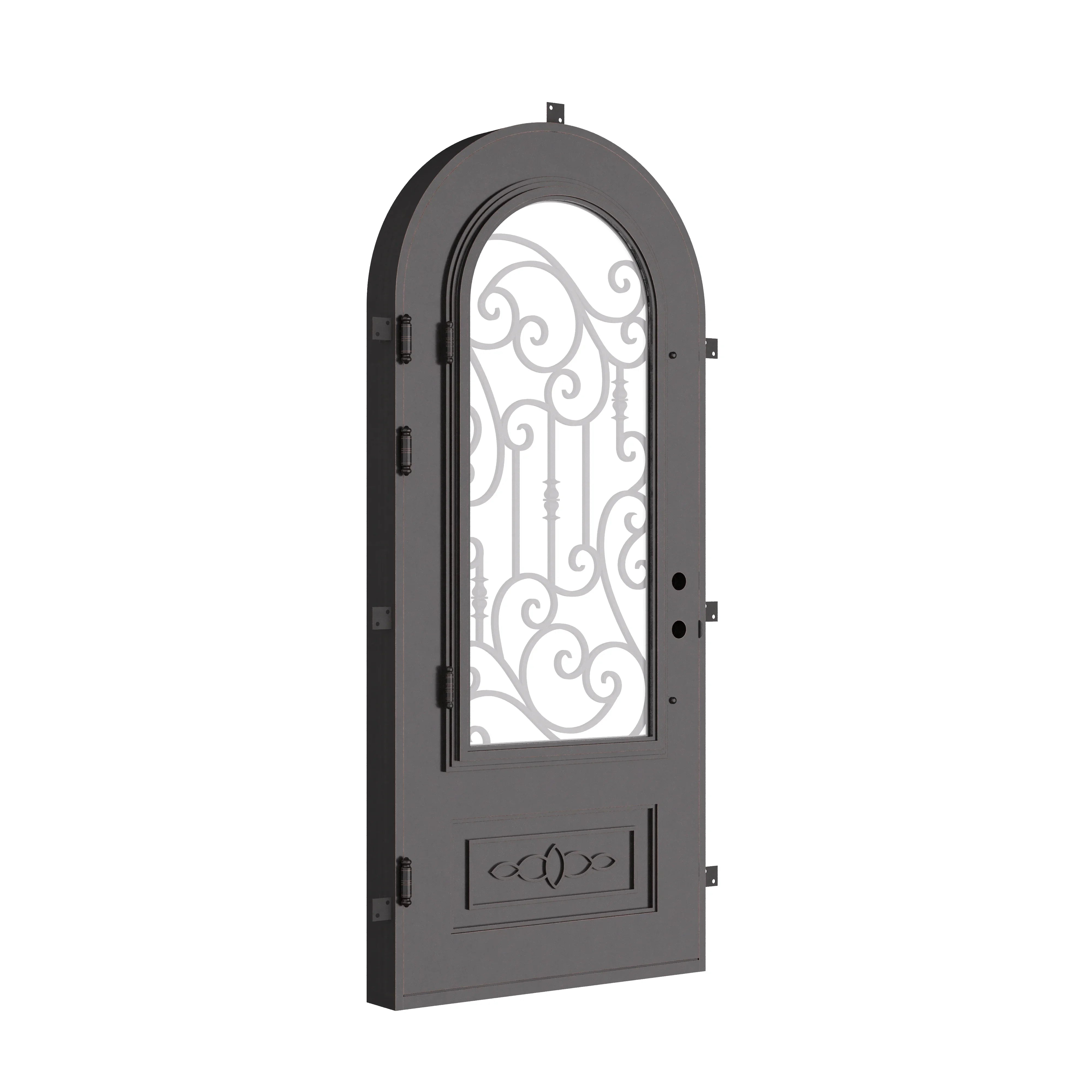 Golden Gate bronze color exterior iron single radius top door with decorative scrollwork.