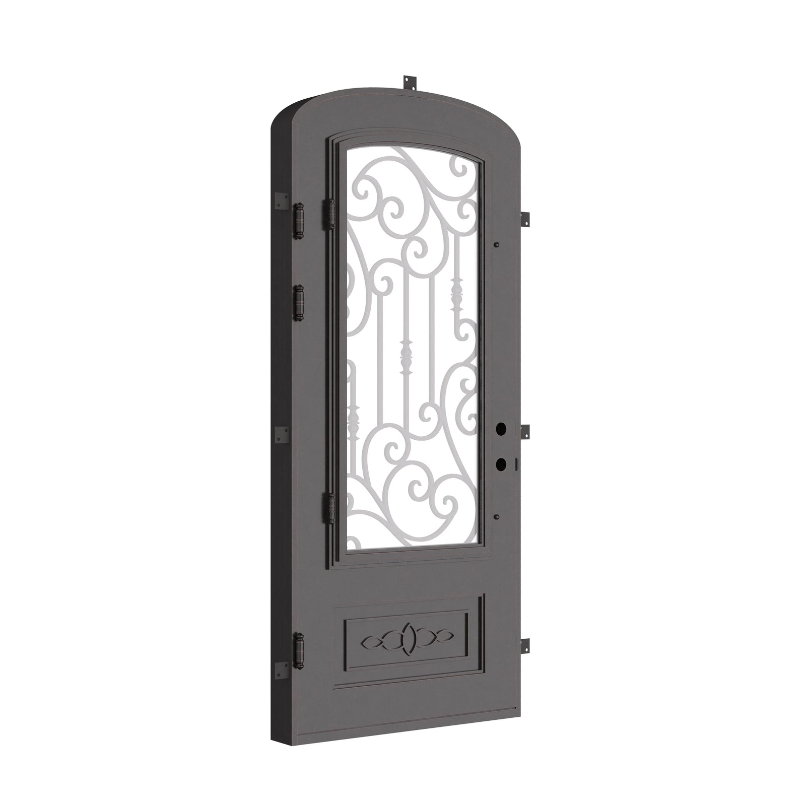 Golden Gate pre-hung black iron mini arch top single door with thick tempered glass.