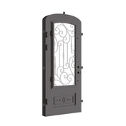 Golden Gate pre-hung black iron mini arch top single door with thick tempered glass.