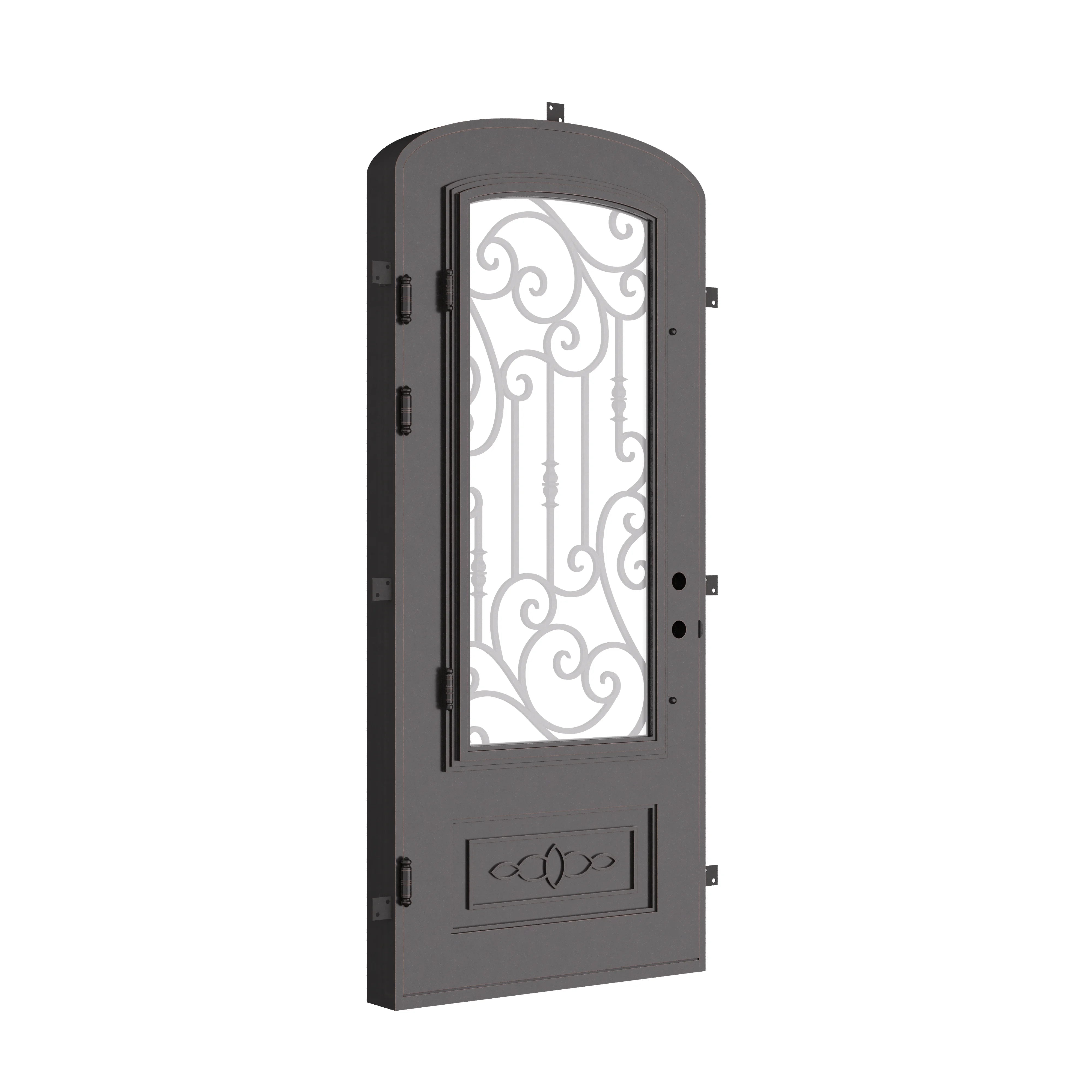 Golden Gate pre-hung black iron mini arch top single door with thick tempered glass.
