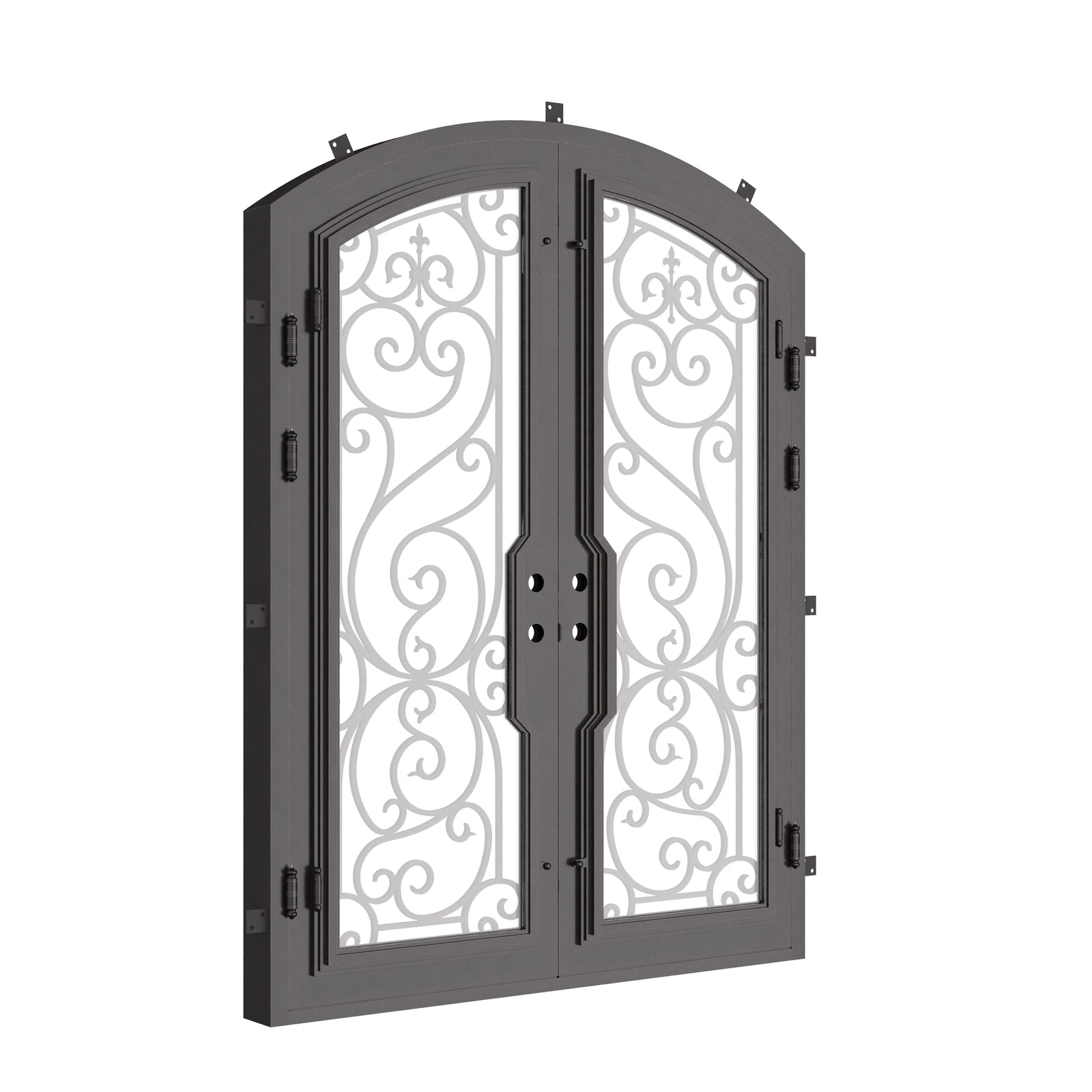 Hills double door with efficient glass in bronze finish and arched top.