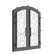Hills bronze hued arched style double iron door with glass windows.
