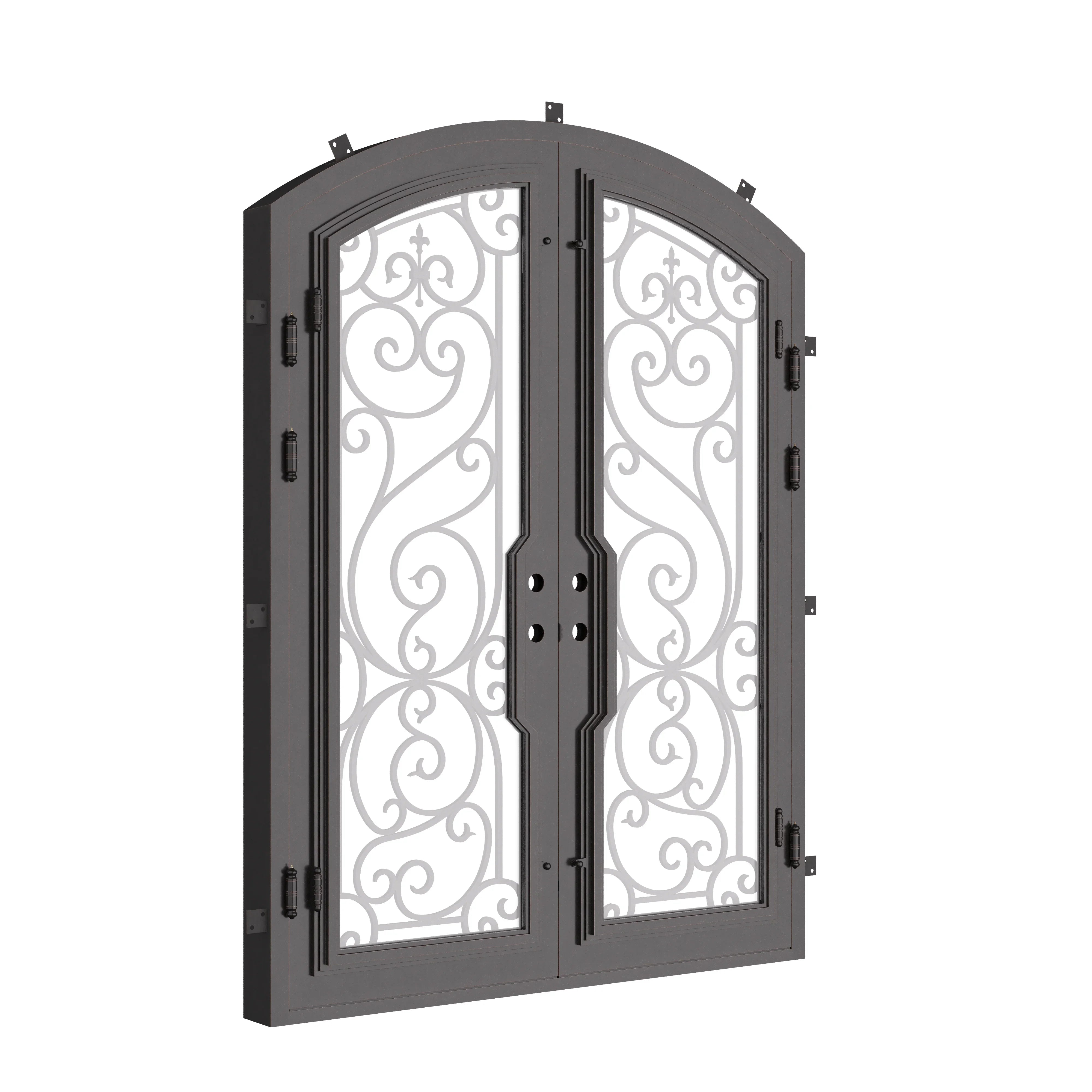 Hills bronze hued arched style double iron door with glass windows.