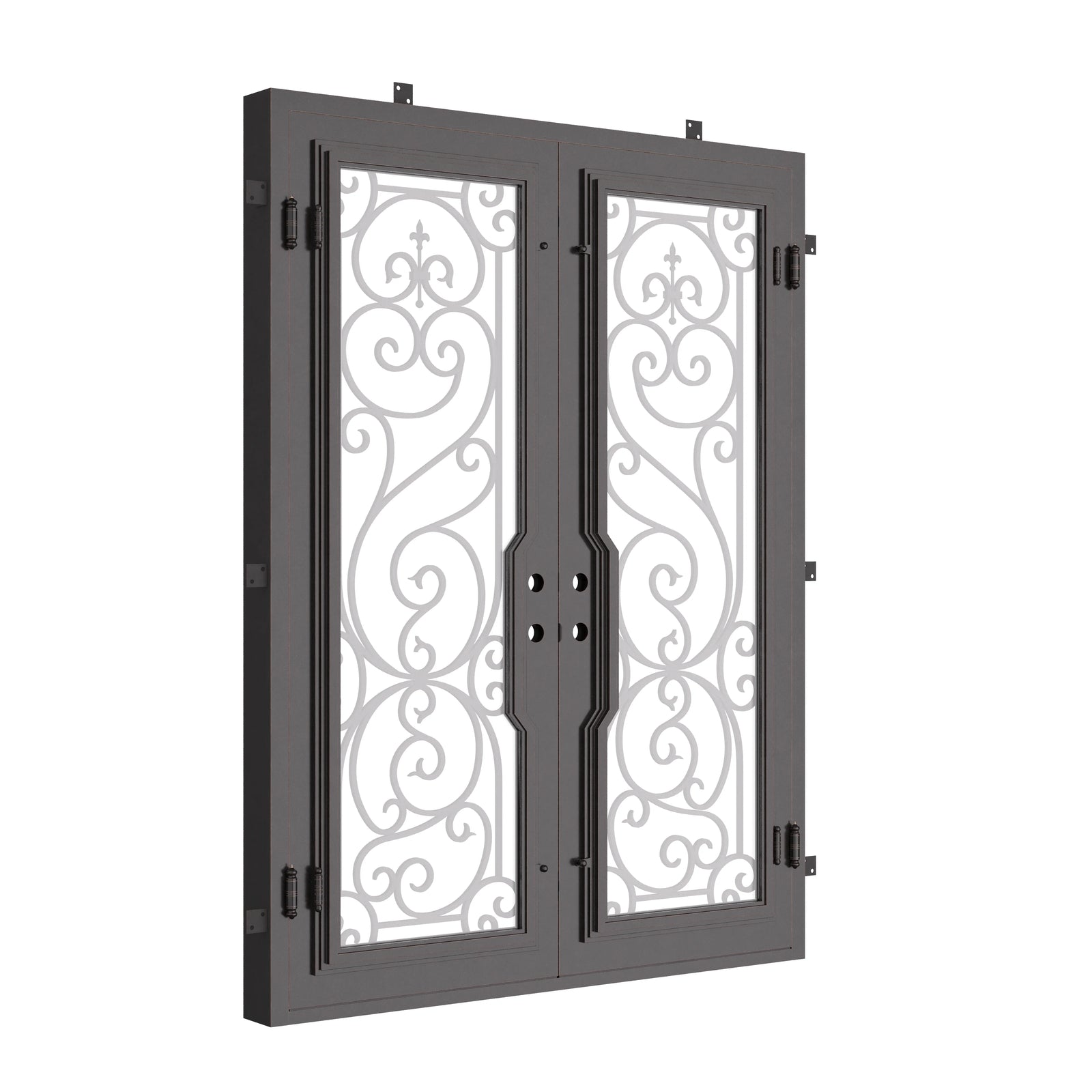 Hills black iron double square top hinged door with thick glass.
