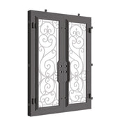 Hills black iron double square top hinged door with thick glass.