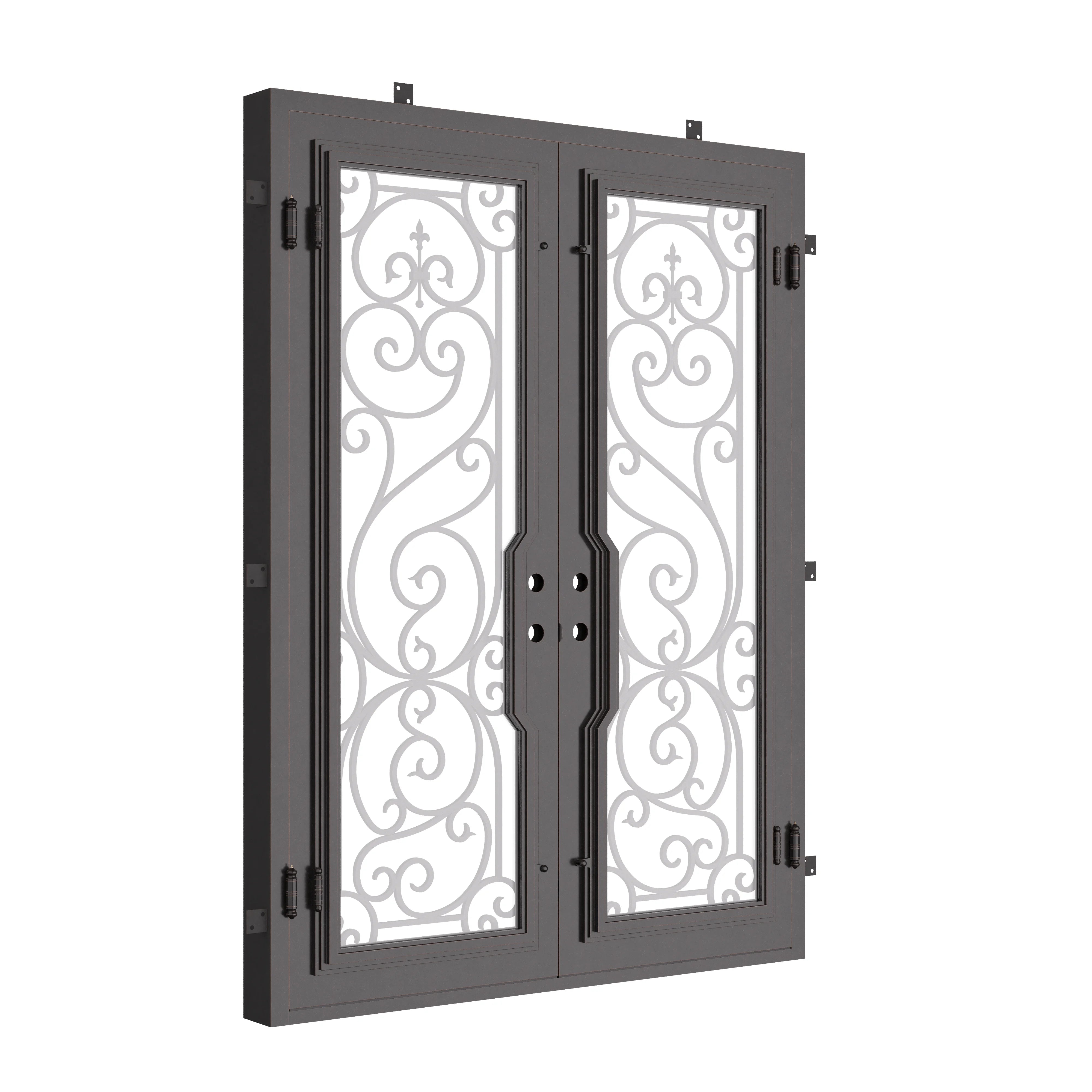 Hills black iron double square top hinged door with thick glass.