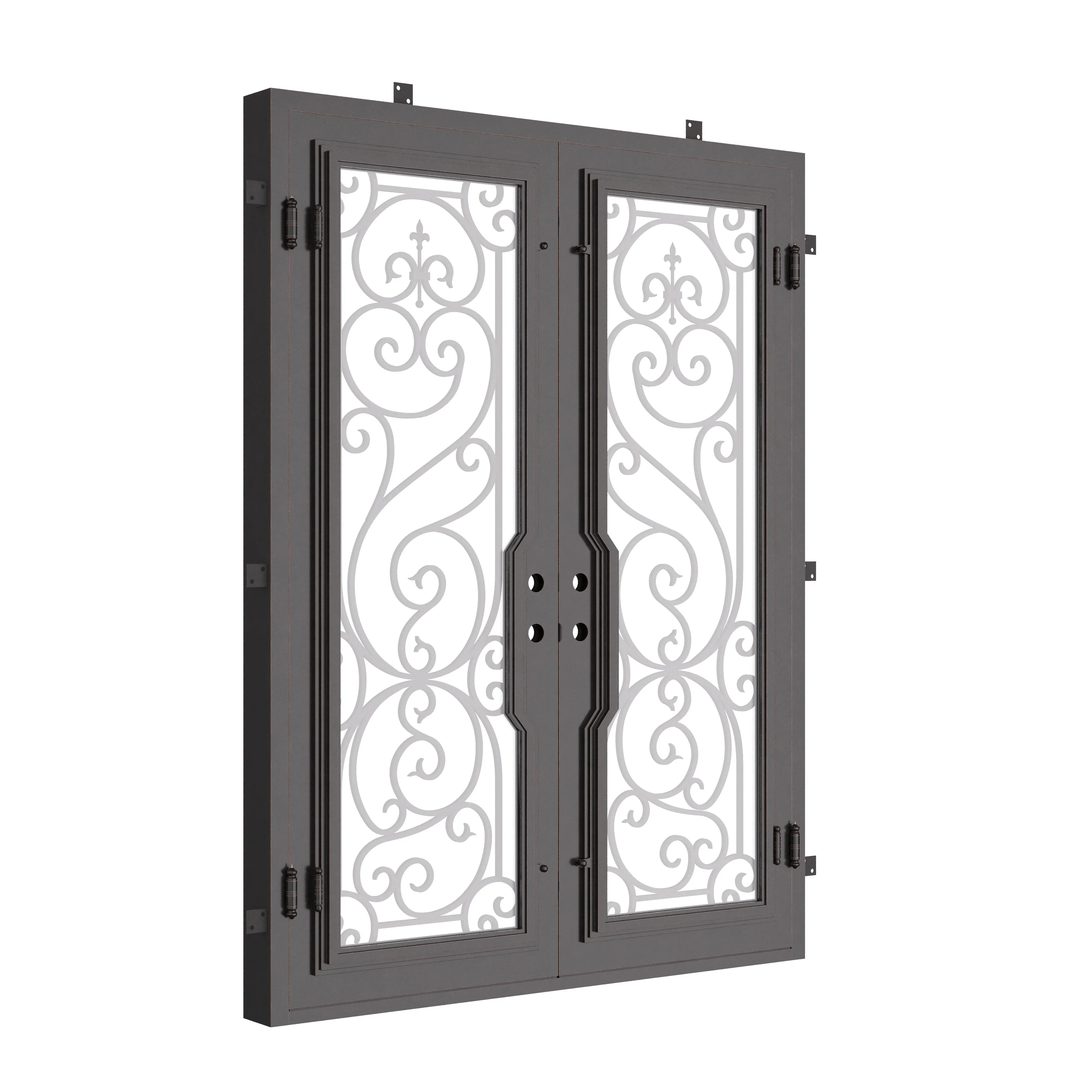 Hills bronze color exterior wrought iron double flat swing door.