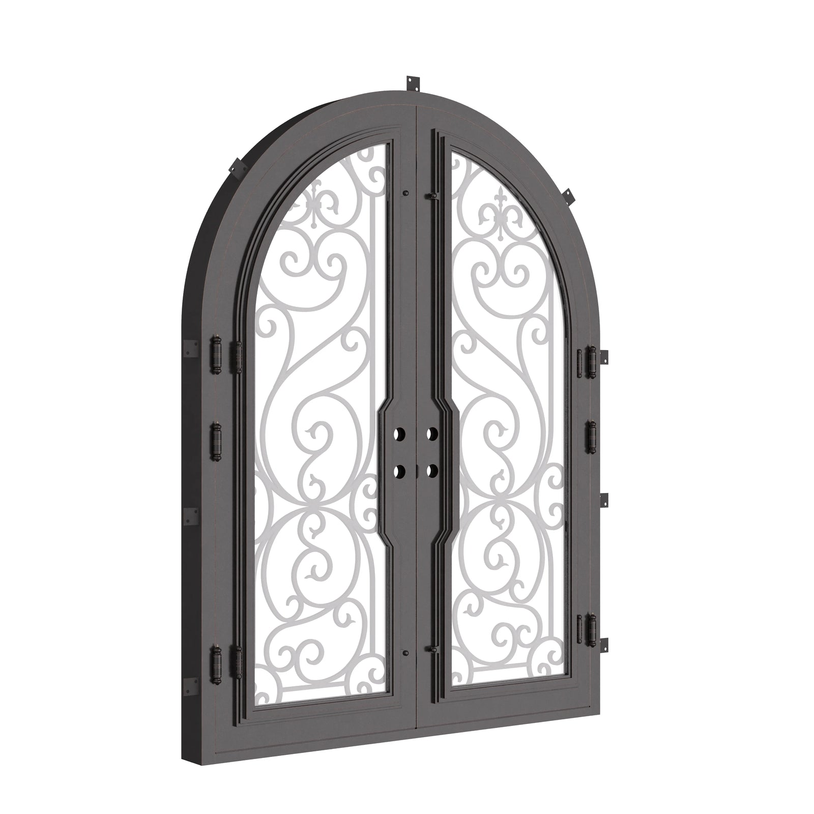 Hills double radius top hinged door with operable glass panel in black.