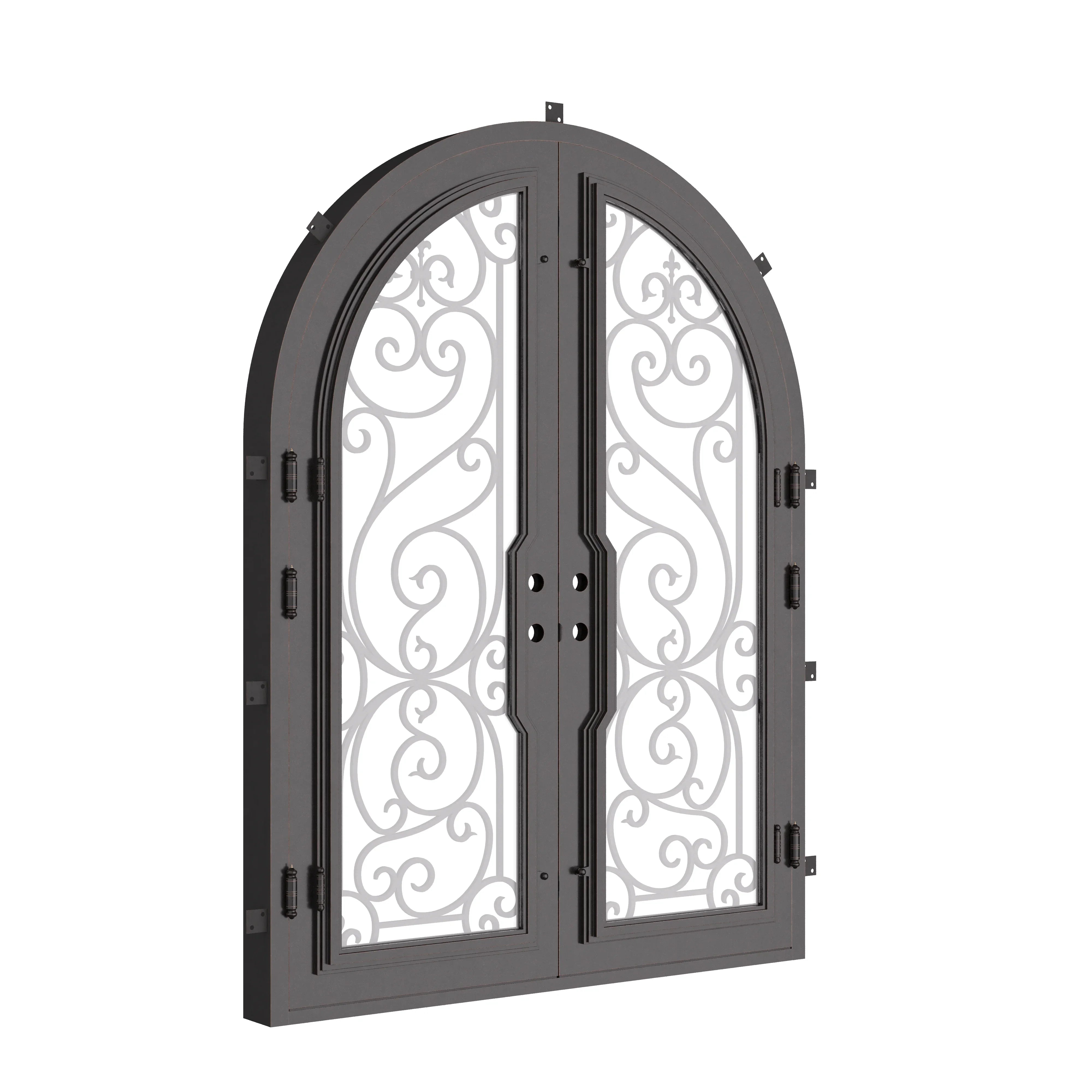 Hills round top iron entry door with clear glass.