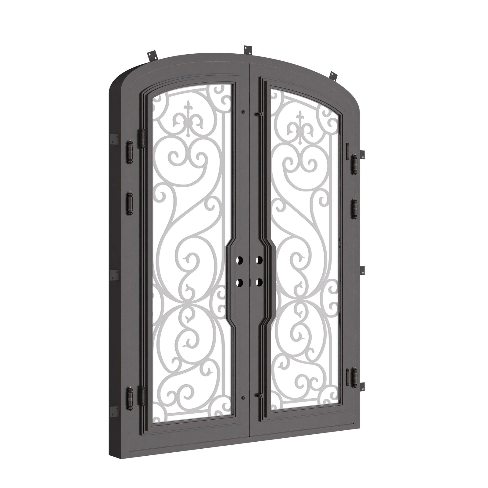 Hills arch double entry door in bronze color with glass windows.